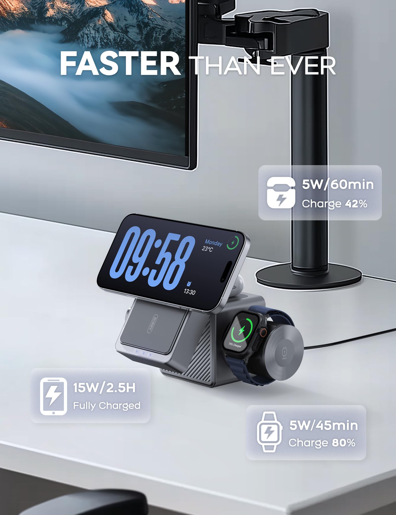 RORRY 3-in-1 Magnetic Wireless Charging Station with 10000mAh Power Bank - Compatible with iPhone 16/15/14/13/12, Apple Watch Ultra 2/3/4/5/6/7/8/9/10 & AirPods - Fast Charging Stand for Home, Office & Travel (Metallic Gray)