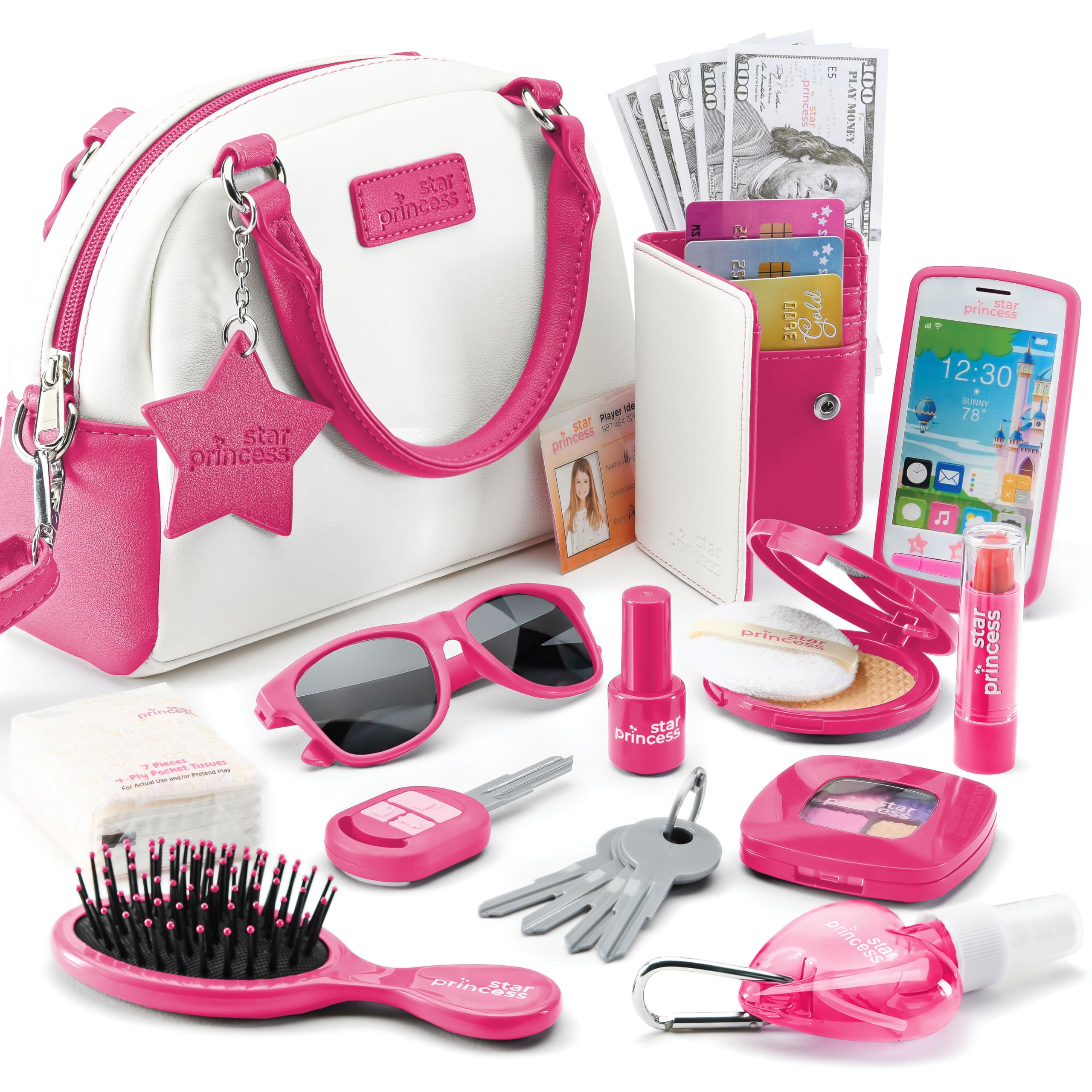 Pretend Play Purse Set for Girls Ages 3-8 - Toy Phone, Wallet, Credit Cards, Keys & Makeup Kit | Role Play Accessories for Toddlers & Little Girls | Perfect for Birthday Gifts, Dress-Up & Imaginative Play