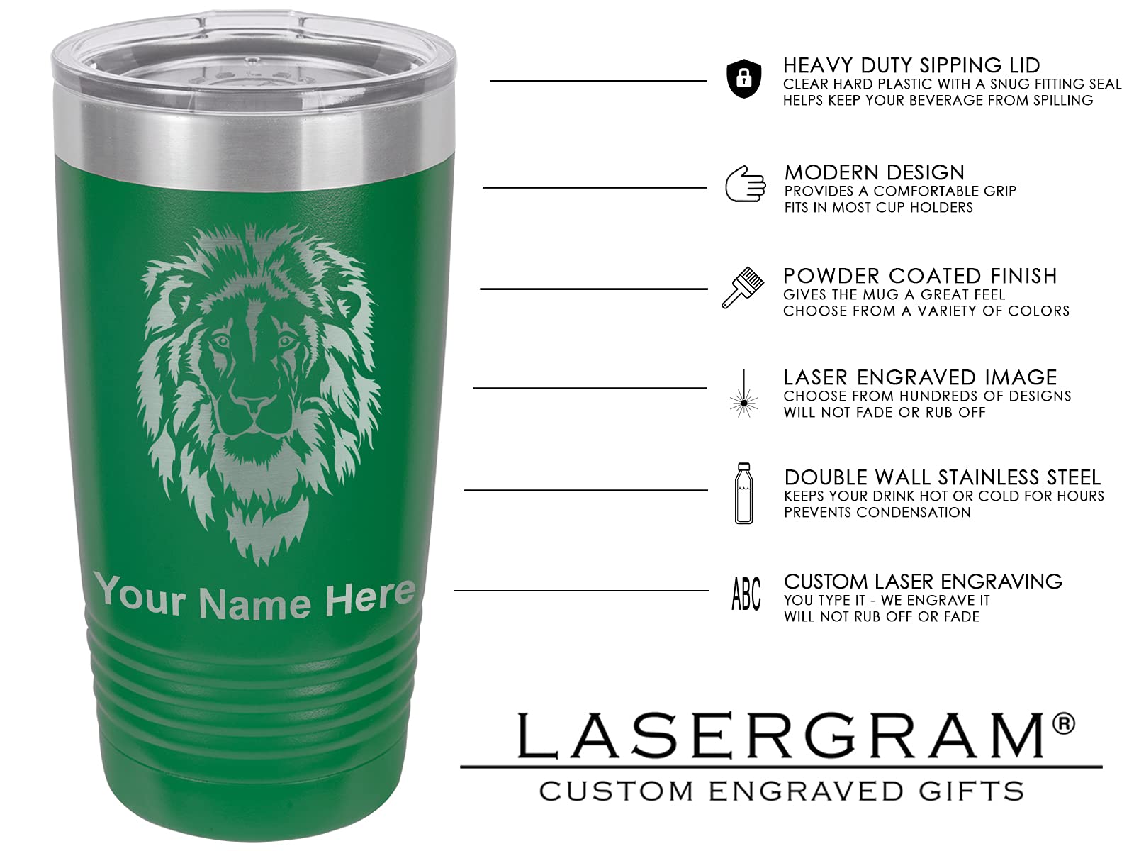 LaserGram 20oz Vacuum Insulated Stainless Steel Tumbler Mug with Personalized Engraving - Perfect Gift for Bosses, Fathers Day, Office & Home Use (Green)