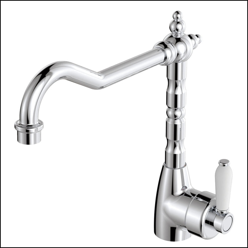 Fienza Eleanor 202105 Chrome Shepherds Crook Sink Faucet with White Ceramic Handle - Modern Kitchen & Bathroom Water Mixer Tap for Farmhouse, RV, and Laundry Room Sinks