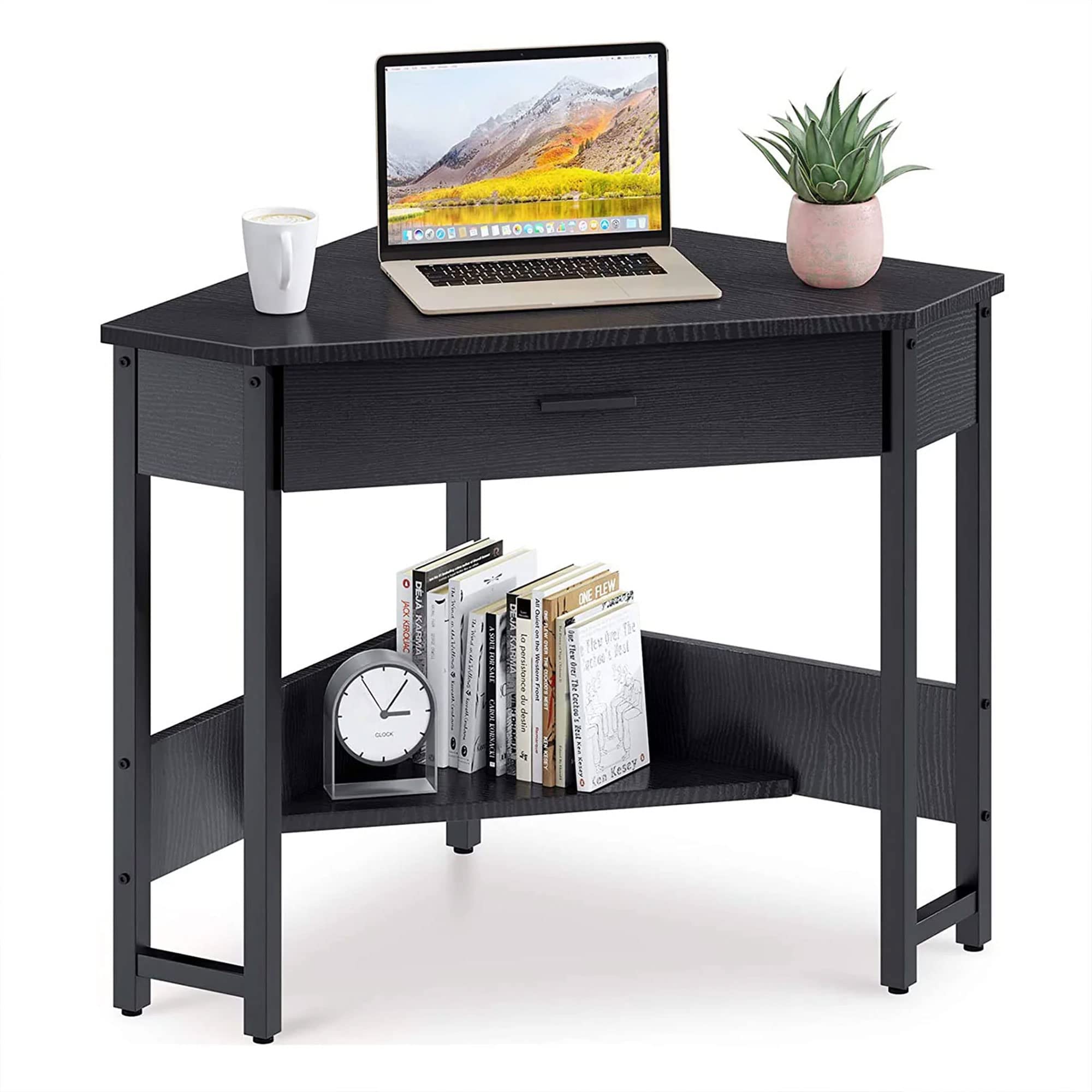ODK Corner Desk - Triangle Computer Desk with Large Drawer & Storage Shelves, Small Space Home Office Workstation for Study, Gaming & Writing | Compact Corner Desk for Bedroom, Dorm & Apartment