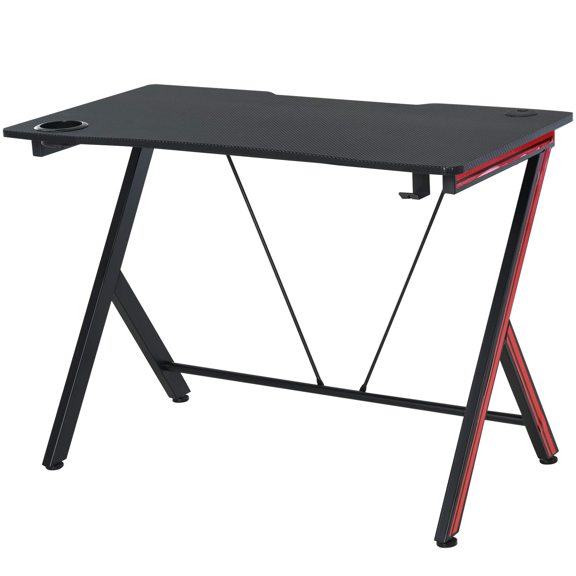 HomCom 41 Inch Gaming Computer Desk with Cup Holder & Headphone Hook - Carbon Fiber Surface Home Office Workstation for PC Gaming & Study - Perfect for Gamers, Students & Remote Workers