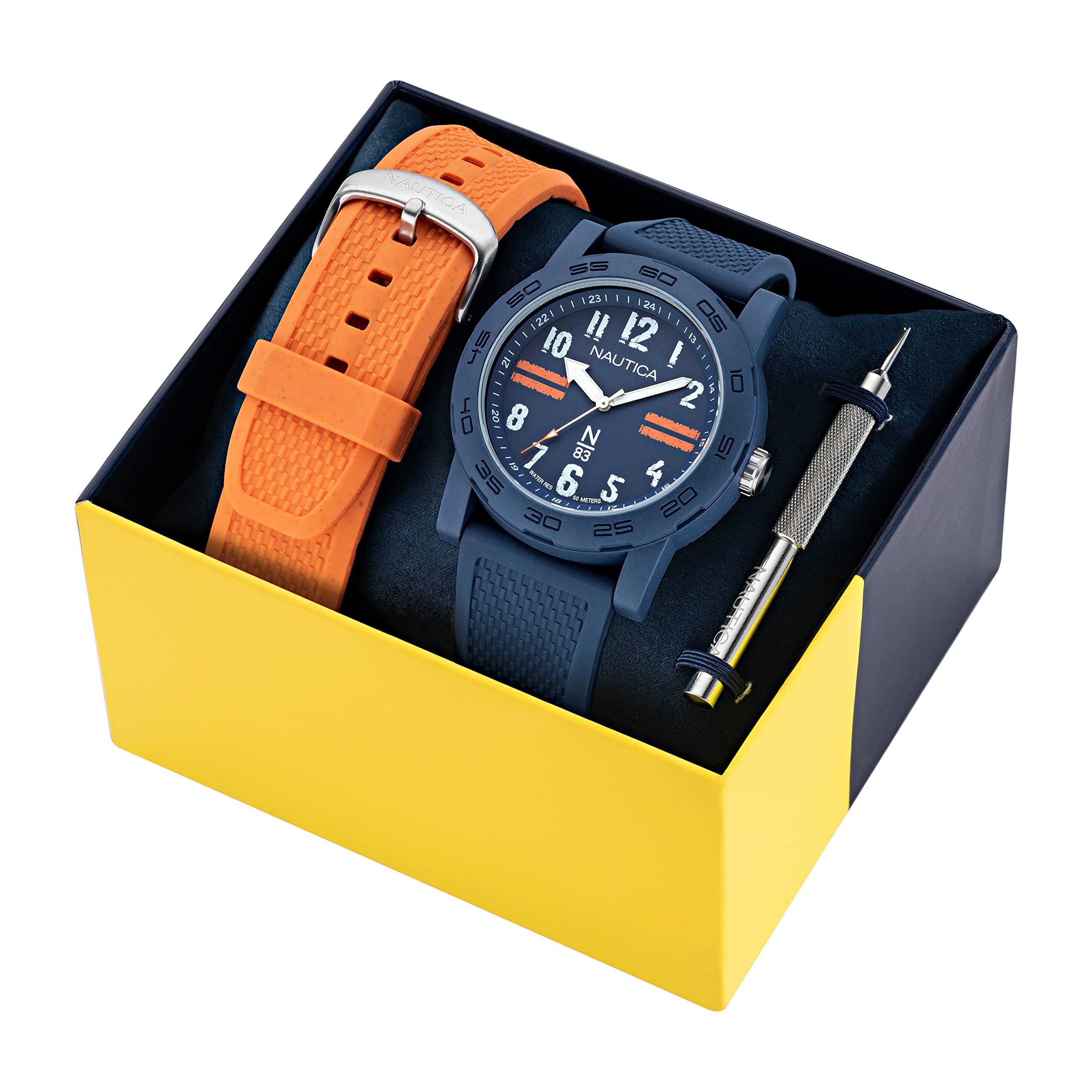 Nautica N83 Men's Watch with Blue & Orange PU Fiber Strap - Waterproof Casual & Sporty Timepiece for Diving, Swimming, and Outdoor Activities