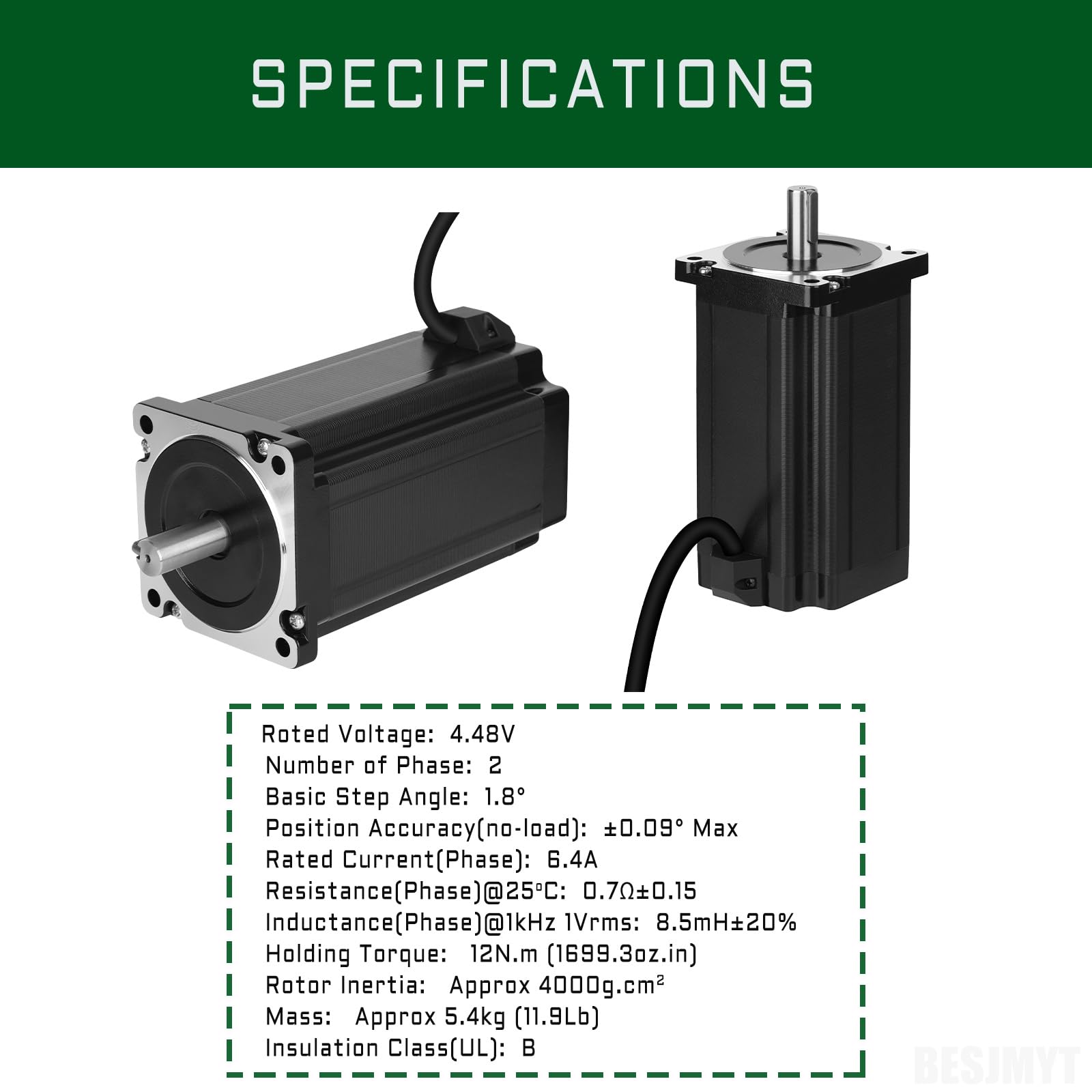 High Torque Nema 34 Stepper Motor - Bipolar 12Nm (1699.34oz.in) 1.8° Step Angle, 6.4A 2-Phase with 2m Cable for CNC, 3D Printers & Industrial Automation | Perfect for CNC Routers, Laser Cutters, and Automated Machinery