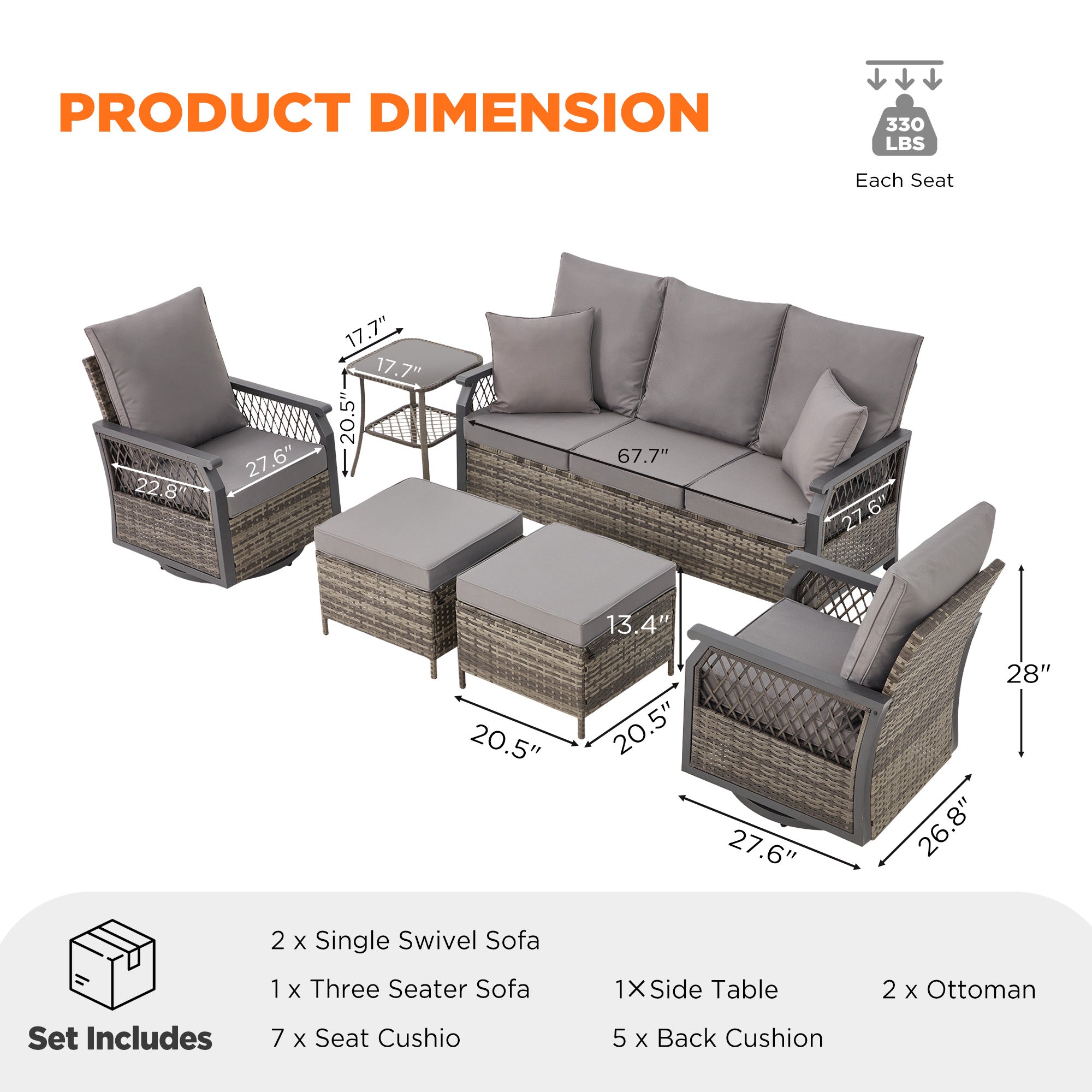 EROMMY 6-Piece Outdoor Patio Furniture Set with Sofa, Swivel Rocking Chairs, Ottoman & Side Table - Grey - Perfect for Backyard, Garden, Poolside & Patio Relaxation