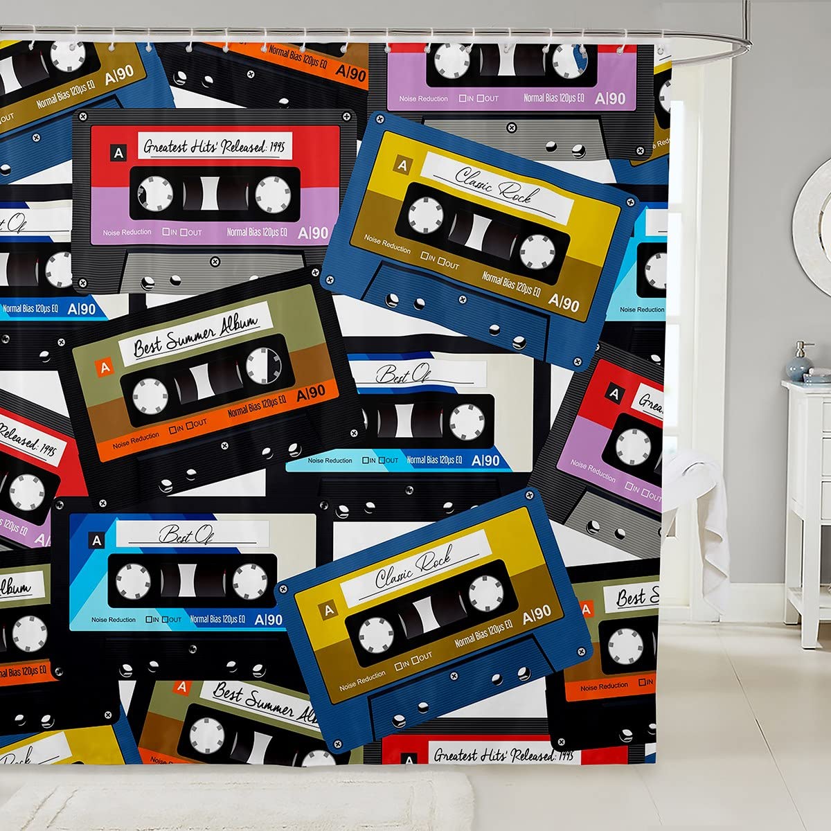Retro Music Cassette Shower Curtain - 72x72 Inch Vintage Audio Tape Bathroom Decor with Hooks, Waterproof Polyester Fabric for Kids & Adults - Perfect for Music Lover's Bathroom, Bedroom, or Studio Decor
