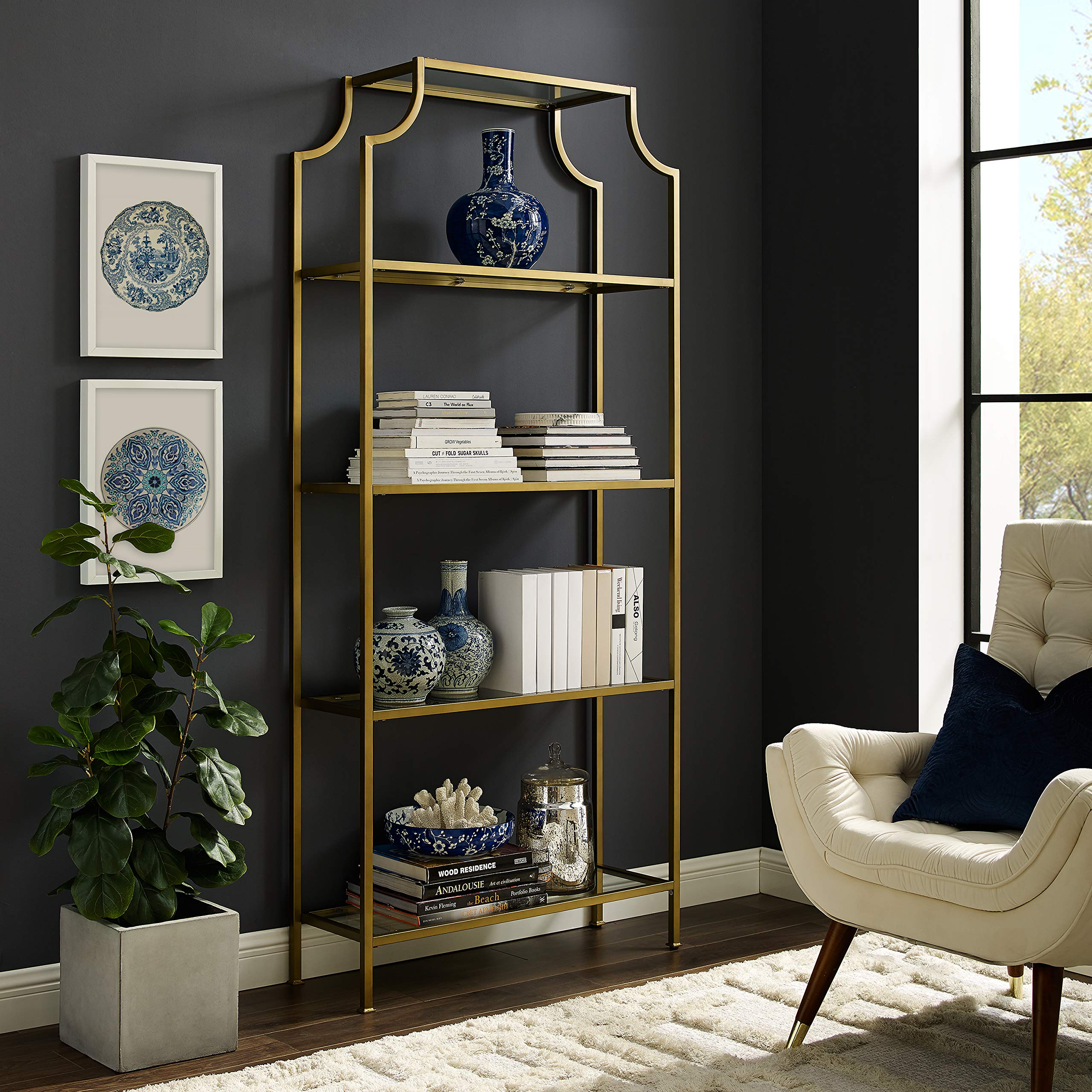 Crosley Furniture Aimee Bookshelf - Gold & Glass Bookcase with 5 Shelves for Home & Office Storage - Perfect for Living Room, Bedroom, or Study Organization