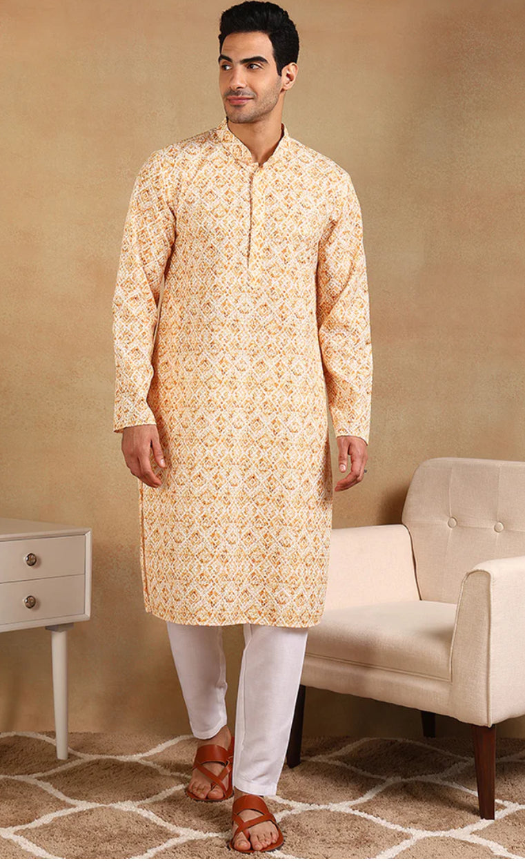 Men's Yellow Viscose Rayon Geometric Embroidered Straight Kurta - Comfortable Ethnic Tunic for Casual Wear, Festivals & Special Occasions