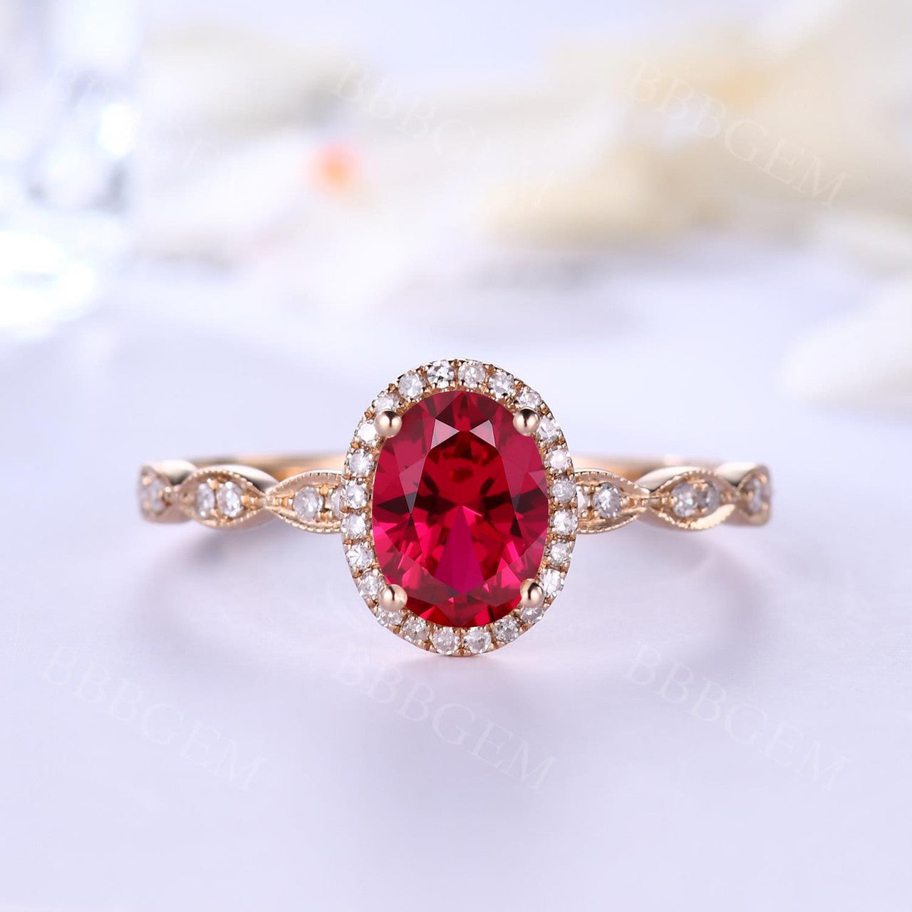 14K Rose Gold Diamond Halo Oval Pink Ruby Engagement Ring with Scalloped Band - Perfect for Proposals, Anniversaries & Birthstone Jewelry Gifts