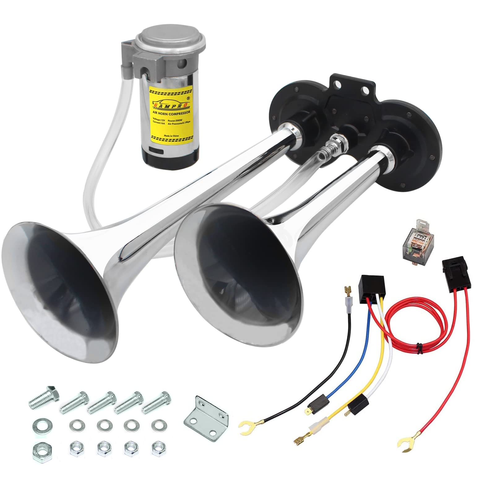 12V 150dB Chrome Zinc Dual Trumpet Air Horn with Compressor - Loud Truck, Car, Boat & Train Horn Kit for Emergency & Safety Use (Silver)