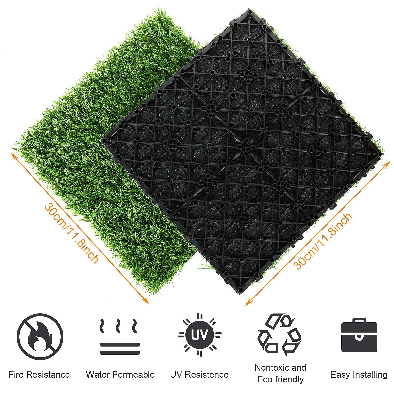 MNKNENG 9 Pack 12x12 Inch Artificial Grass Turf Tiles - Self-Draining Interlocking Fake Grass for Patio, Balcony, Backyard - Indoor/Outdoor Flooring & Lawn Replacement (Perfect for Pets, Play Areas & Decorative Landscaping)