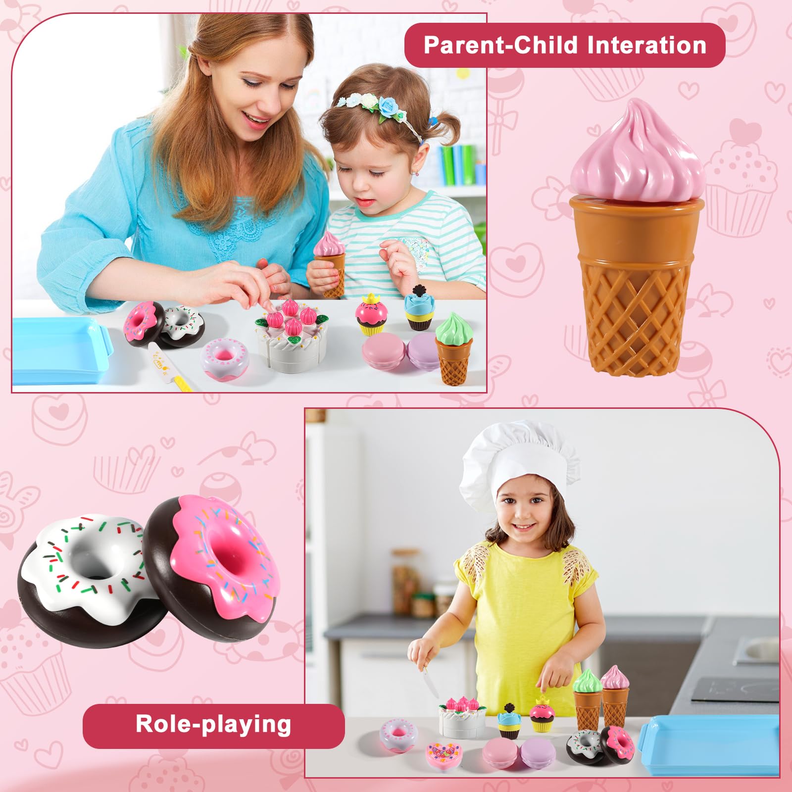 15-Piece Pretend Play Food Set for Kids - Realistic Toy Kitchen Accessories with Cutting Desserts, Cakes, Ice Cream & Donuts - Perfect Birthday Gift for Boys & Girls - Ideal for Role Play, Learning & Toddler Development