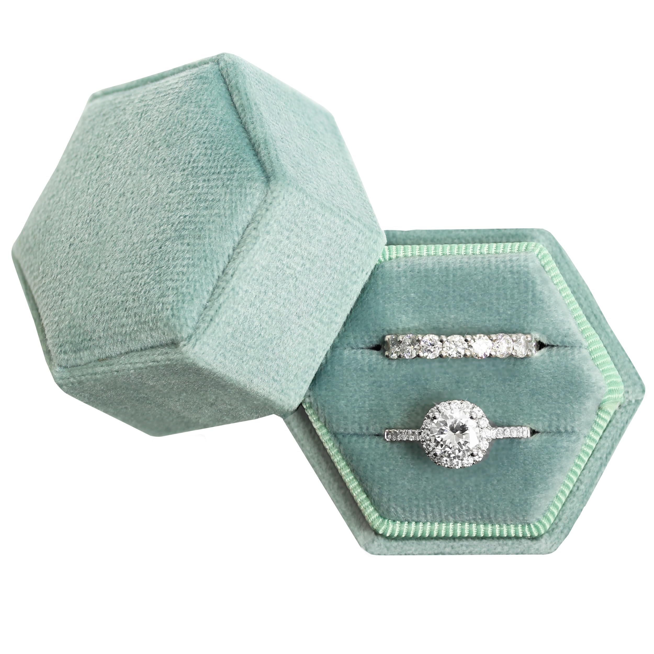 Hexagon Velvet Jewelry Box with Detachable Lid - 2 Slots Ring Holder for Engagement, Wedding & Proposal - Emerald Green Wedding Gift for Brides & Couples - Perfect for Ceremonies, Anniversaries & Romantic Surprises