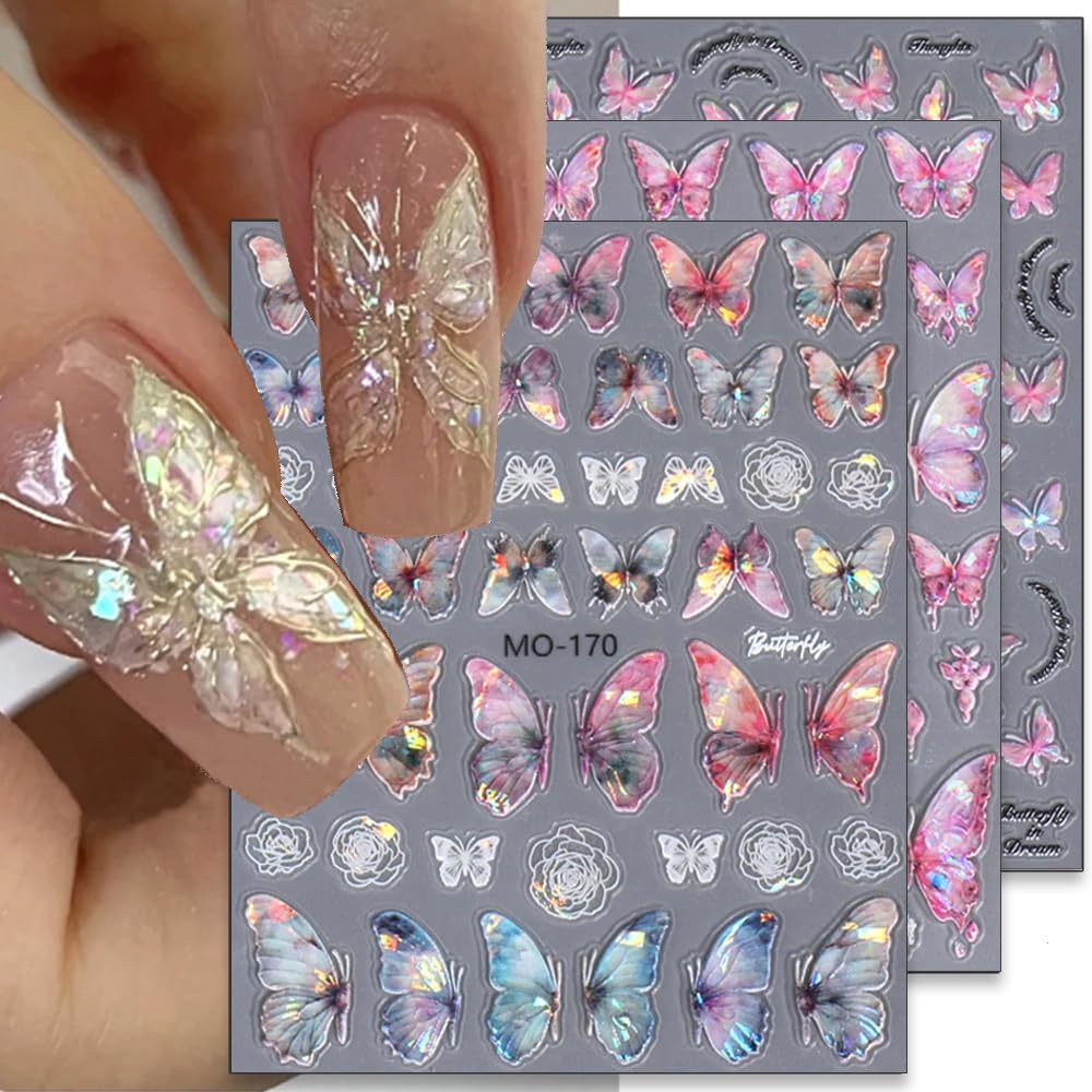 5D Aurora Butterfly Nail Stickers for Women - Cartoon Embossed Nail Art Decals with Rose Flowers | Perfect for DIY Nail Designs, Manicures, and Professional Nail Art Supplies | Great for Parties, Weddings, and Special Occasions