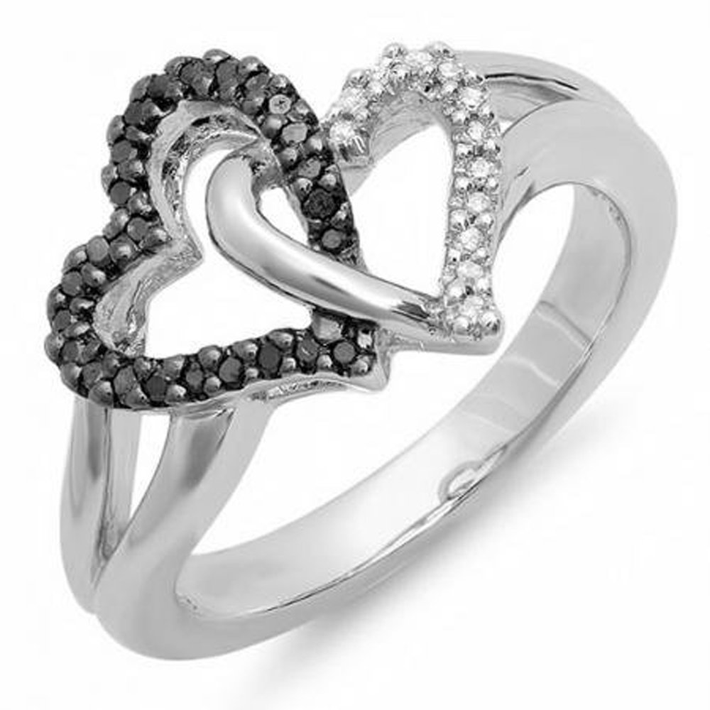 0.25 Carat Black & White Diamond Double Heart Promise Ring for Women - 925 Sterling Silver Split Shank Design - Perfect for Anniversaries, Engagements & Romantic Gifts