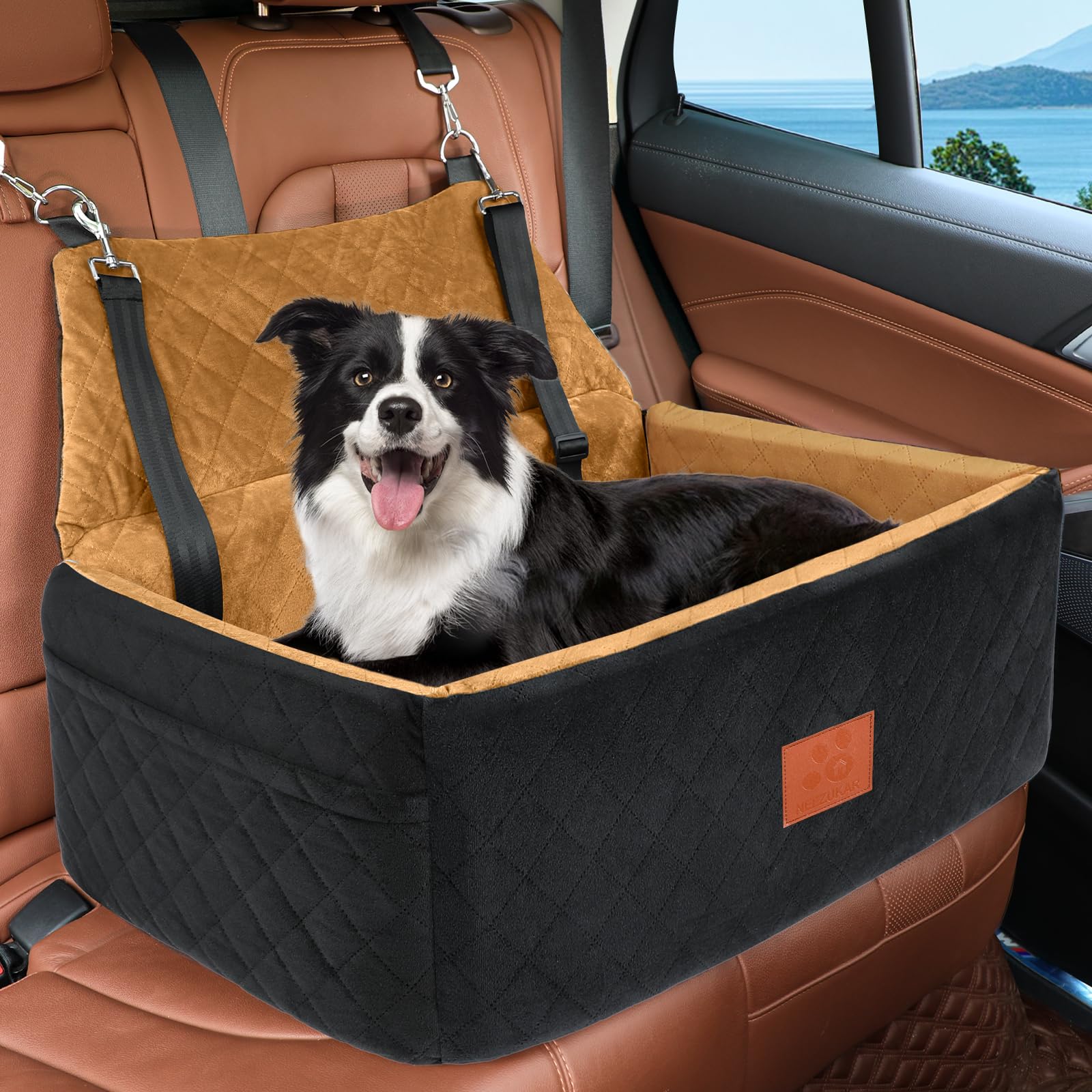 Washable Dog Car Seat for Large & Medium Dogs Under 55 lbs - Thick Cushion Booster Seat with 2 Safety Leashes | Travel Pet Bed for Cars, SUVs & Road Trips