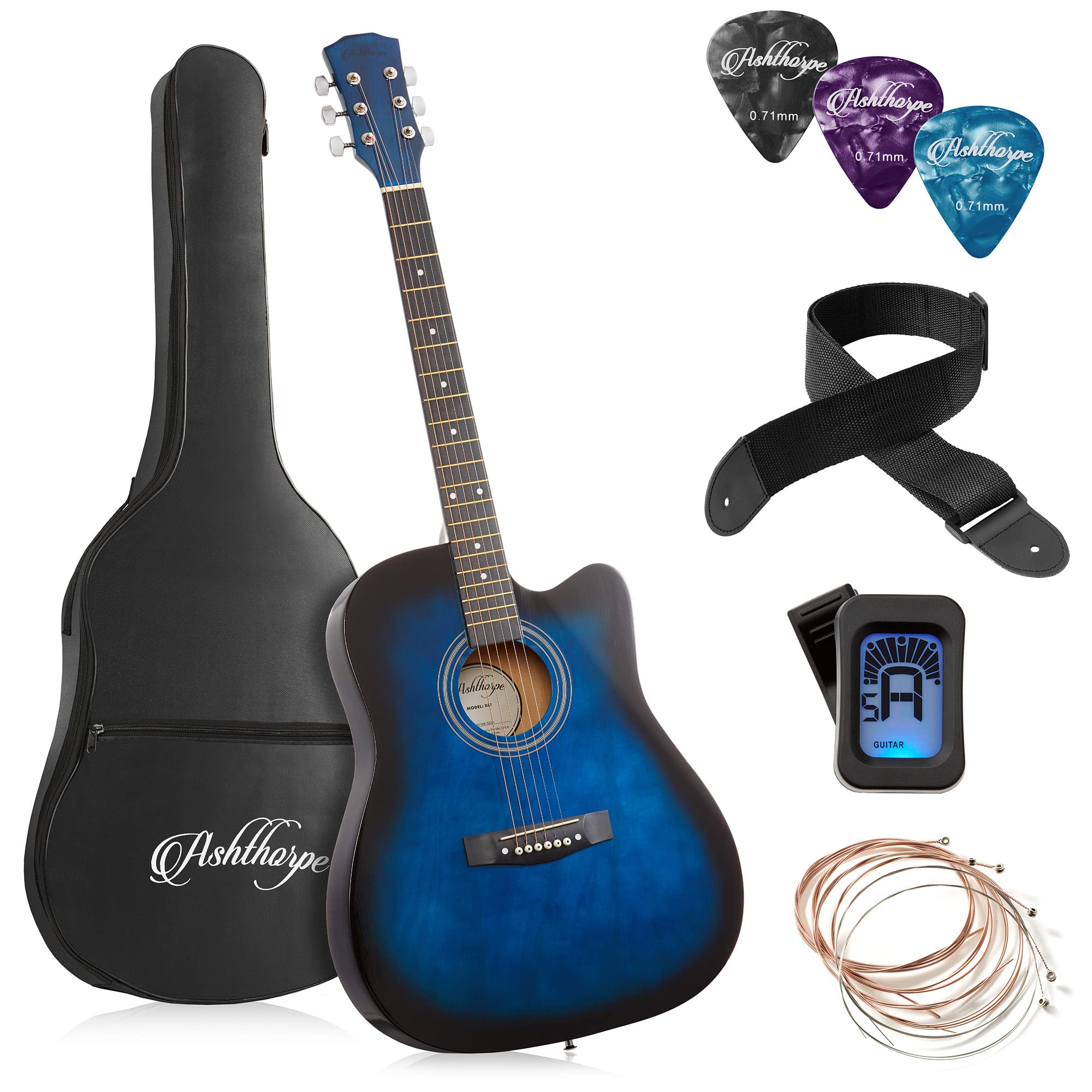 Ashthorpe 41-inch Cutaway Acoustic Guitar Starter Kit for Beginners - Full Size Blue Guitar with Gig Bag, Strings, Strap, Tuner & Picks - Perfect for Learning, Practice, Performances & Gifts