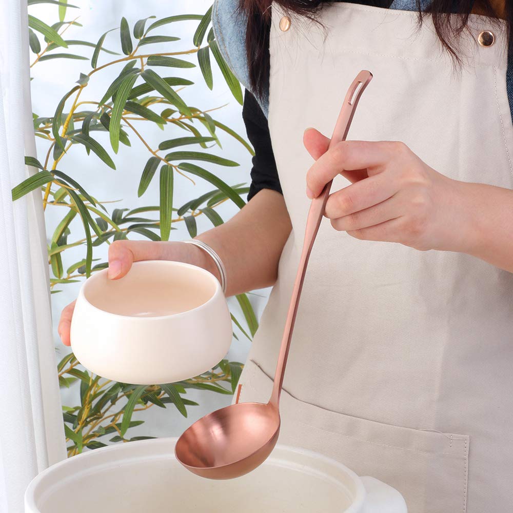 Premium 2-Piece Rose Gold Soup Ladle Set - Long Handle Stainless Steel Slotted Spoons for Cooking, Serving & Hotpot | Durable Kitchen Utensils for Soup, Stew & Pasta