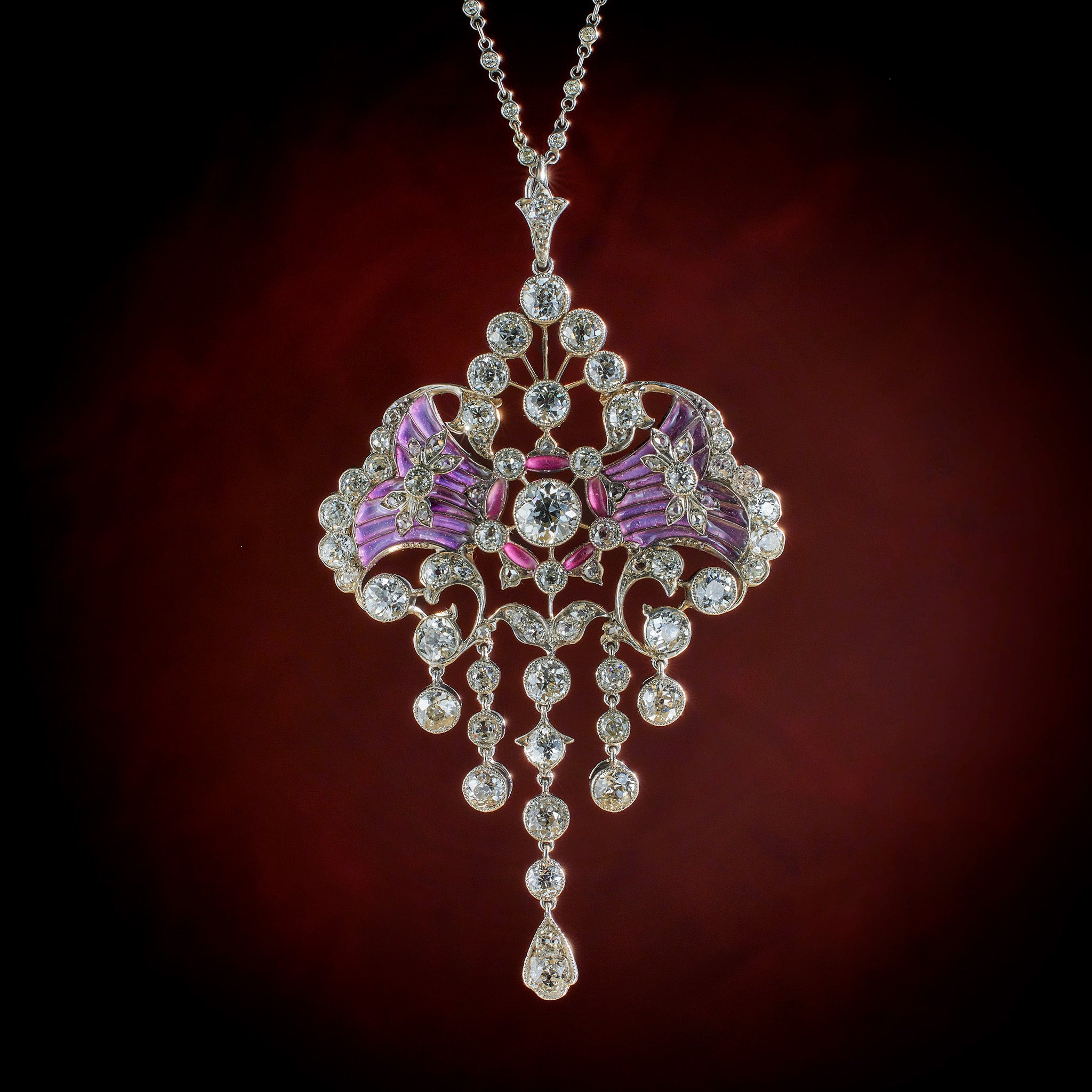 Exquisite Edwardian Diamond & Plique à Jour Enamel Pendant Necklace - Vintage Jewelry for Weddings, Anniversaries & Special Occasions