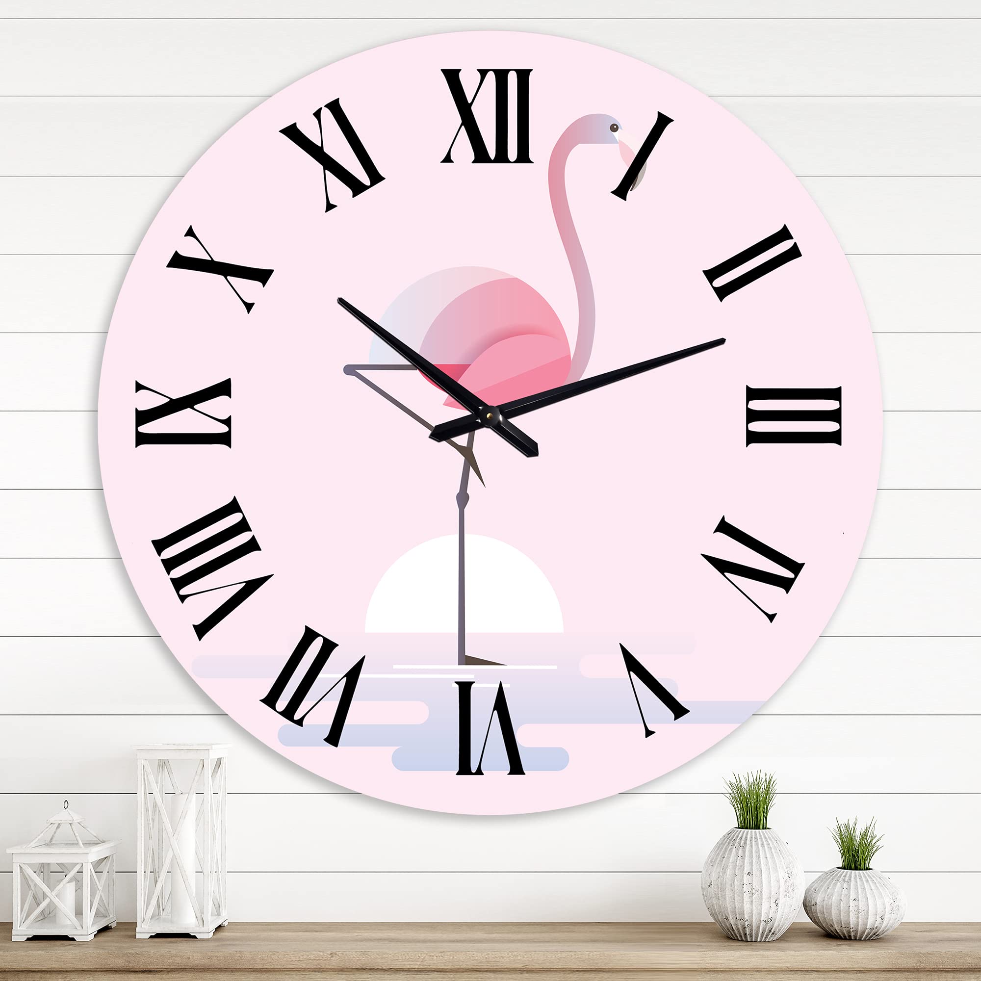 Farmhouse Wall Clock with Standing Pink Flamingo - Large Decorative Wall Clock for Living Room, Kitchen, Bedroom | Rustic Home Decor & Unique Gift Idea