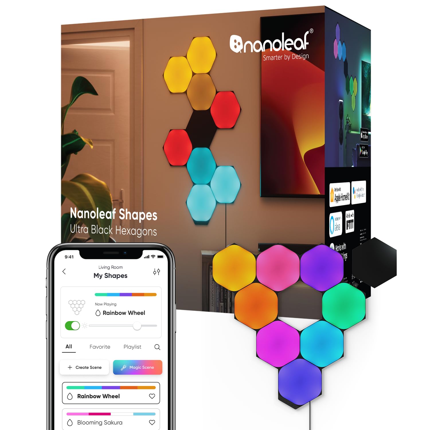 Nanoleaf Shapes WiFi & Thread Smart RGBW LED Wall Lights - 16M+ Colors, Dimmable Gaming & Home Decor Lighting Kit (Black Hexagon, 9 Pack) for Bedroom, Living Room & Gaming Setup