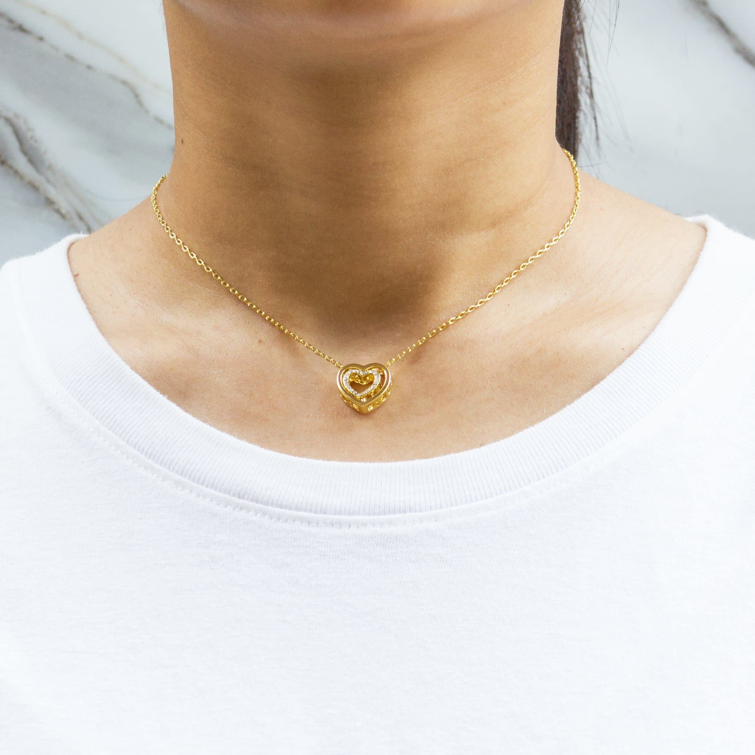 Gold Plated Double Heart Necklace with Zircondia® Crystals - Perfect Gift for Her