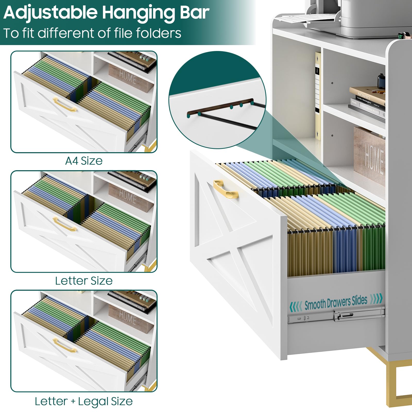 Modern Farmhouse Lateral File Cabinet with Charging Station - Large Wood File Storage Cabinet with Adjustable Shelves for Home Office Organization - White - Perfect for Office, Study Room & Home Workspace Storage