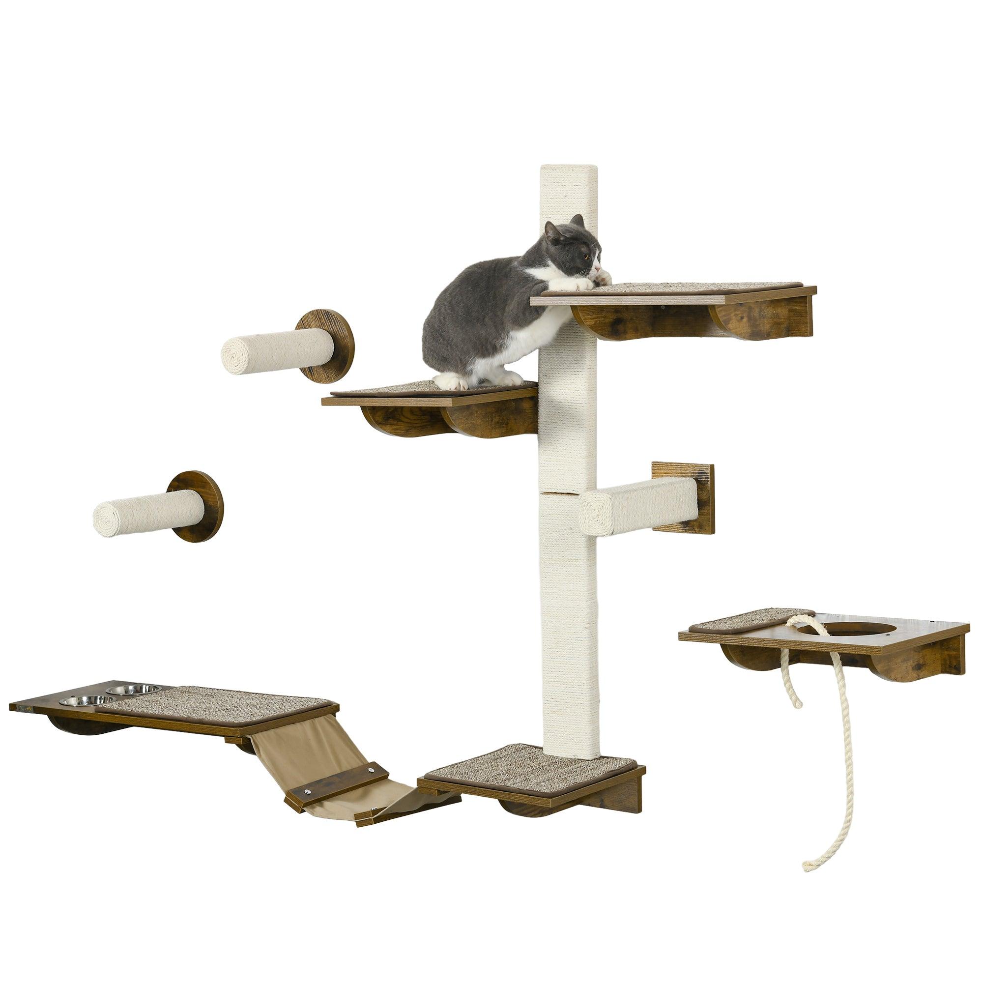 Premium Cat Wall Shelves Set - 8-Piece Wall Mounted Cat Furniture with Perches, Scratching Posts, Ladder & Feeder Bowls for Climbing, Sleeping & Play - Brown Wooden Cat Shelving System for Indoor Cats - Perfect for Small Spaces & Cat Enrichment Activities