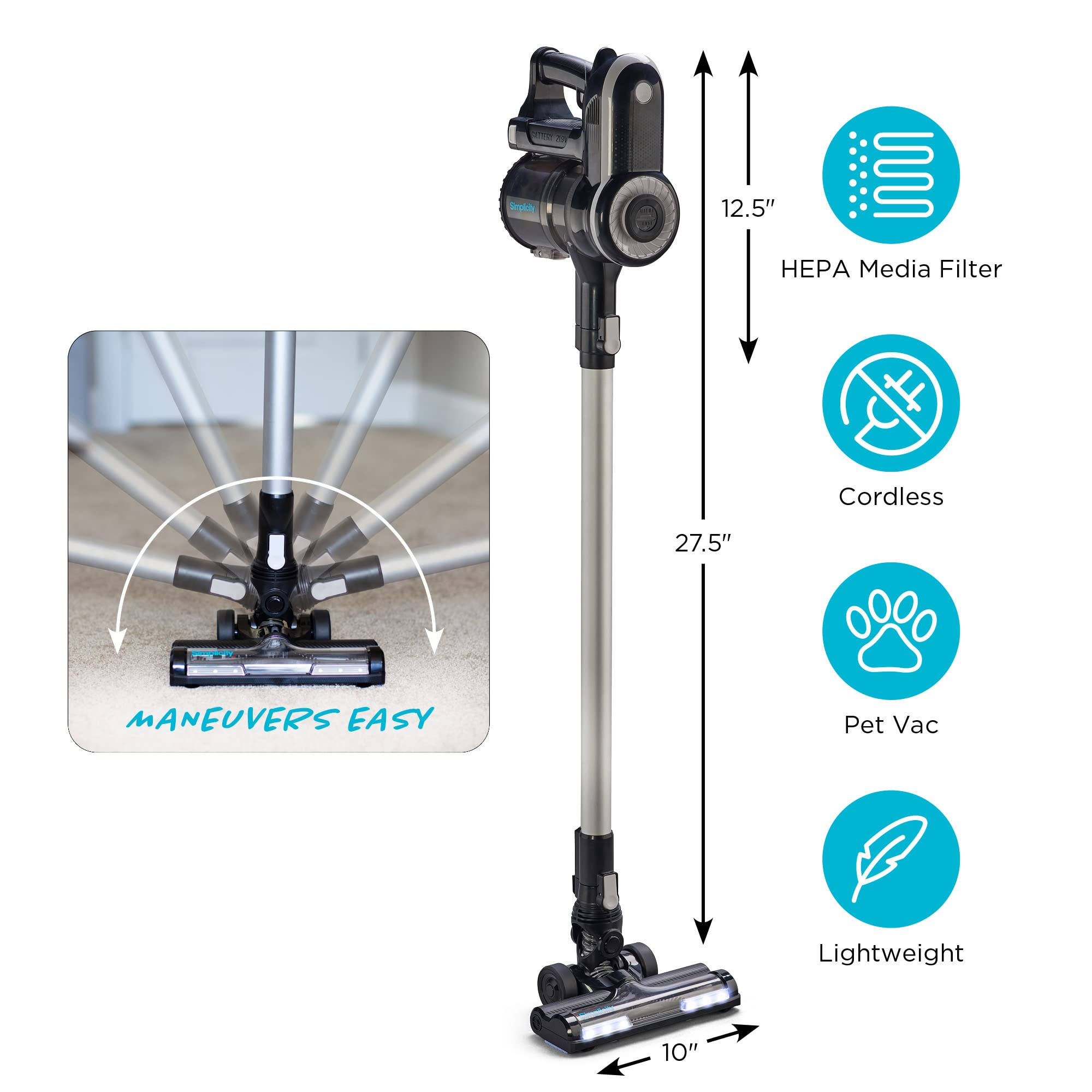 Lightweight Cordless Vacuum Cleaner - Powerful Stick Vacuum for Carpets & Hard Floors - S65S - Perfect for Quick Home Cleaning & Pet Hair Removal