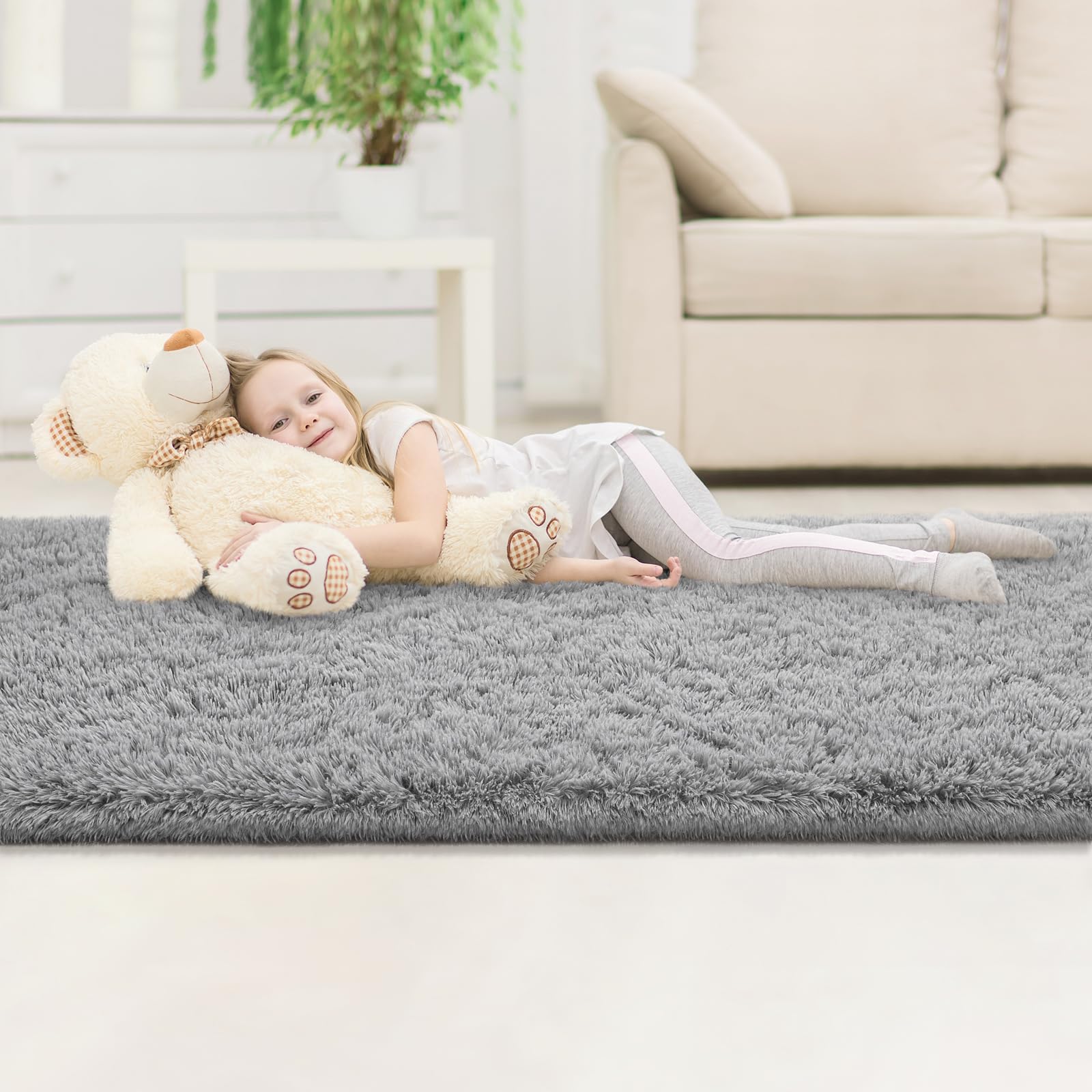 Kimicole Grey Area Rug 2x6 Feet - Modern Fluffy Shaggy Rug for Bedroom & Living Room - Soft Plush Carpet for Home Decor, Kids Play Area, Nursery & Office