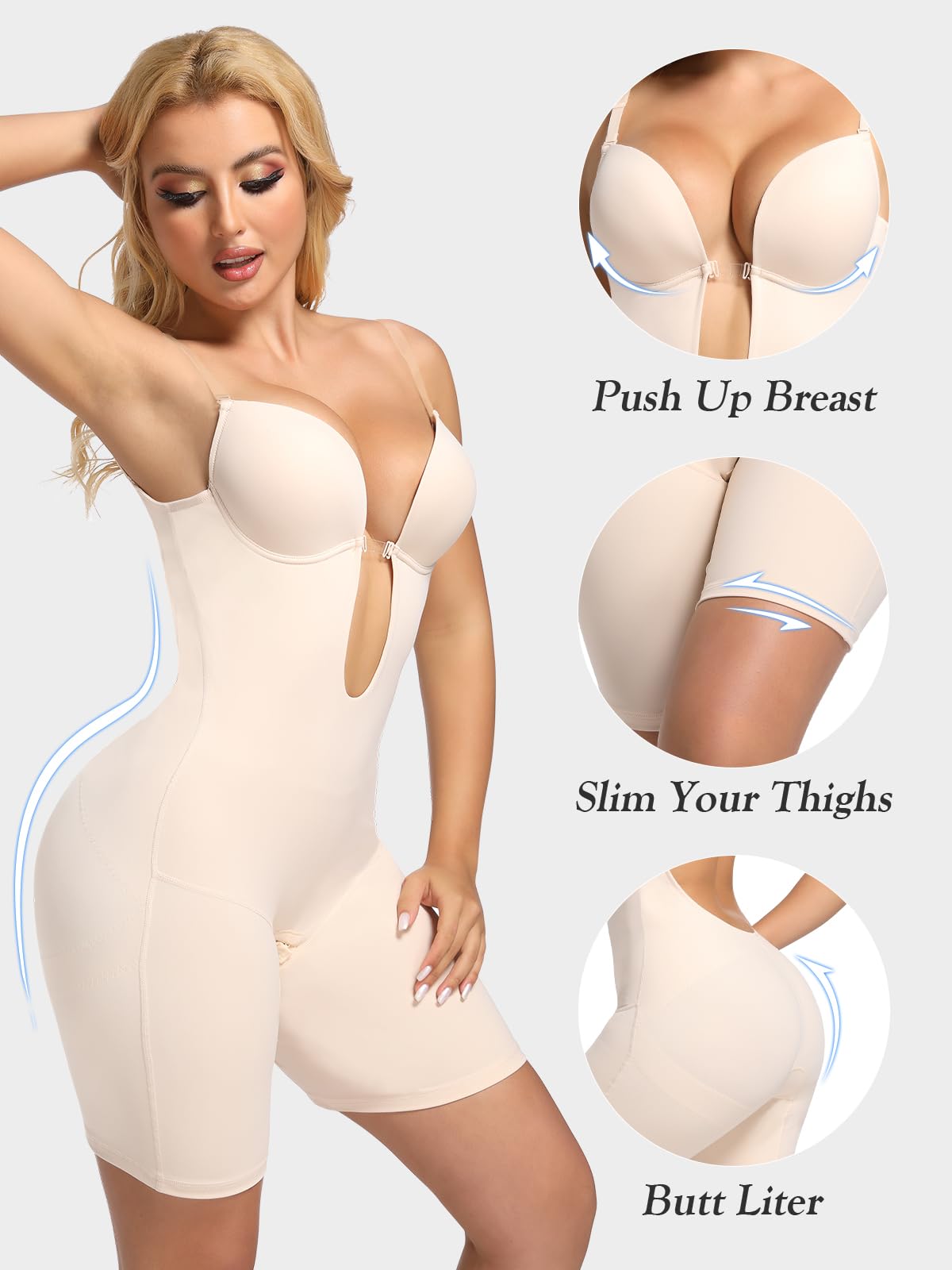 Decorus Backless Shapewear Strapless Bodysuit for Women - Full Body Tummy Control with Built-in Bra & Plunge Neckline - Perfect for Wedding Dresses, Evening Gowns & Special Occasions