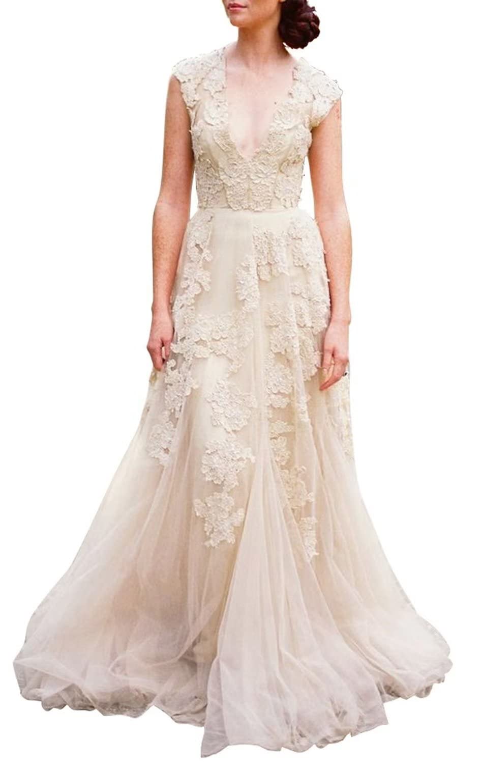 Ruolai Vintage Lace Wedding Dress for Women - Cap Sleeves Boho Bridal Gown for Beach, Garden & Outdoor Ceremonies | Elegant A-Line Silhouette