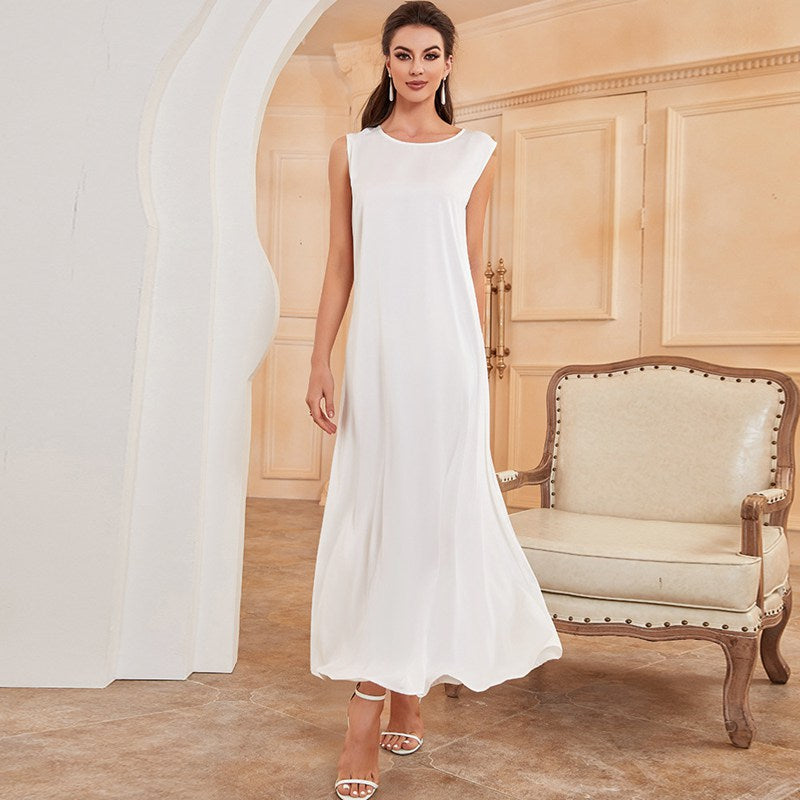 Elegant White Satin Sleeveless Abaya Inner Dress for Muslim Women - Perfect for Prayer, Special Occasions & Everyday Modest Wear
