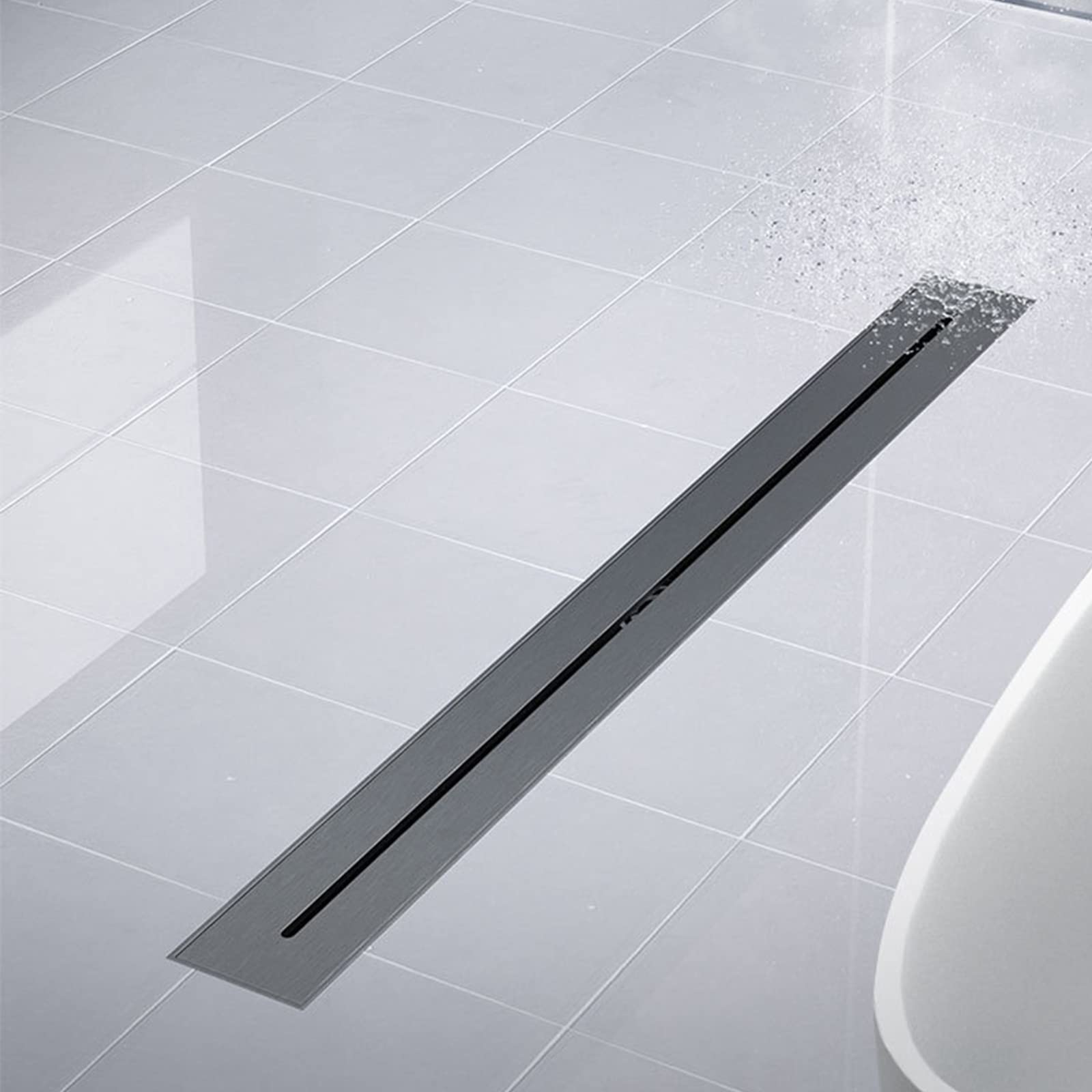 24 Inch Linear Shower Drain - Brass Rectangular Bathroom Floor Drain with Removable High Displacement Grate & Hair Catcher | Gun Grey Finish | Perfect for Modern Walk-in Showers and Wet Rooms