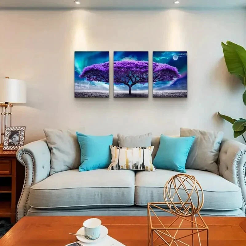 3pcs Aurora Purple Tree Scenery Metal Wall Art - Ready to Hang Landscape Prints for Living Room, Bedroom & Office Decor