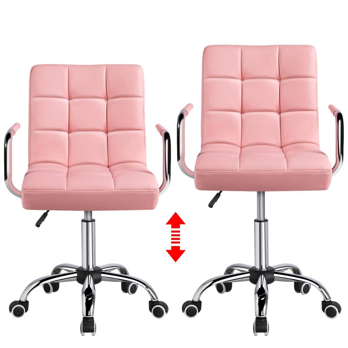 Yaheetech Pink PU Leather Ergonomic Office Chair - Adjustable Height, Rolling Wheels, Comfortable Desk Chair for Home, Office & Gaming Use