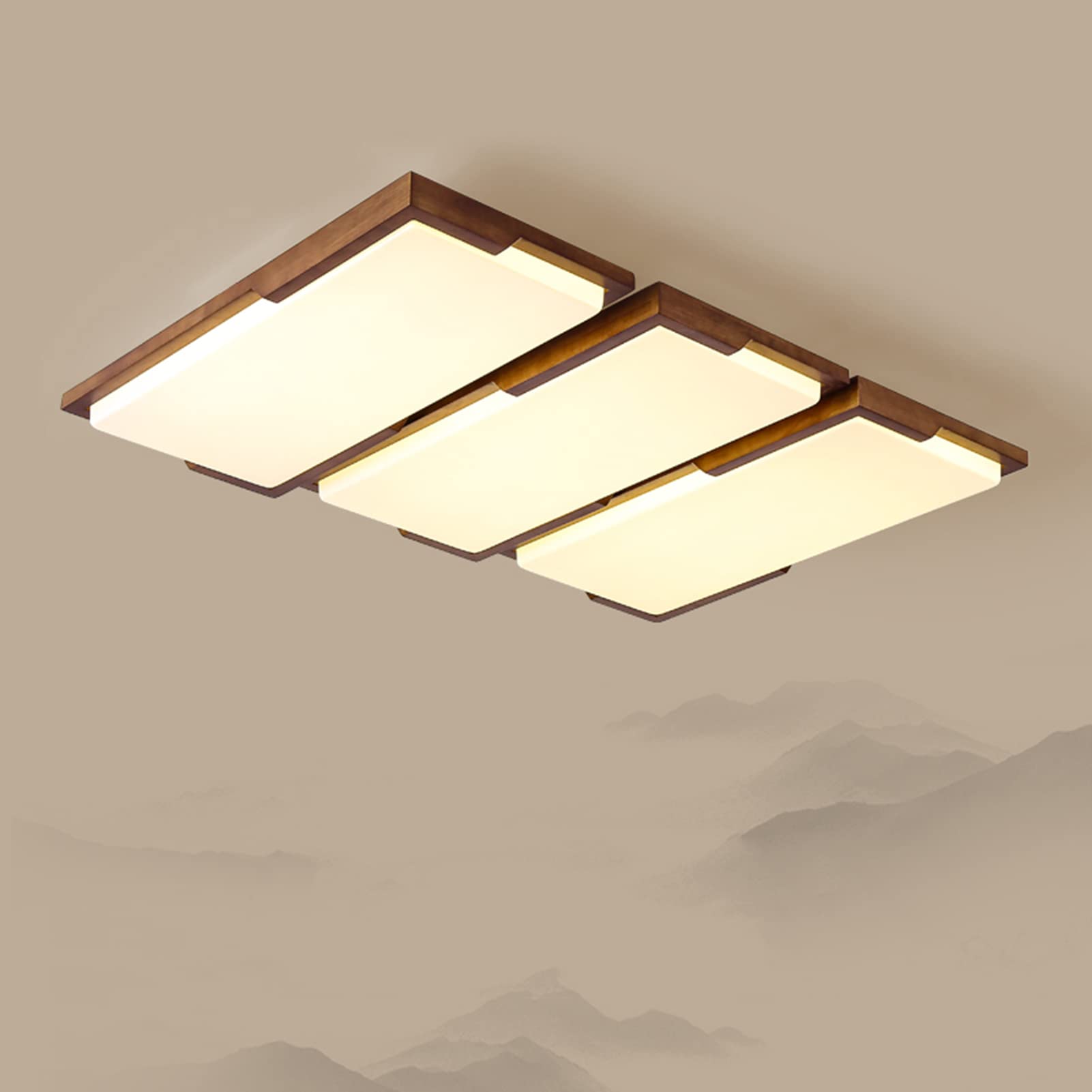 VERLEDK Modern Chinese-Style Solid Wood LED Ceiling Light - 3-Grid Rectangular Flush Mount Fixture with 3-Color Dimmable Lighting for Living Room, Bedroom, Hallway, Study & Balcony | Energy Efficient & Stylish Home Decor