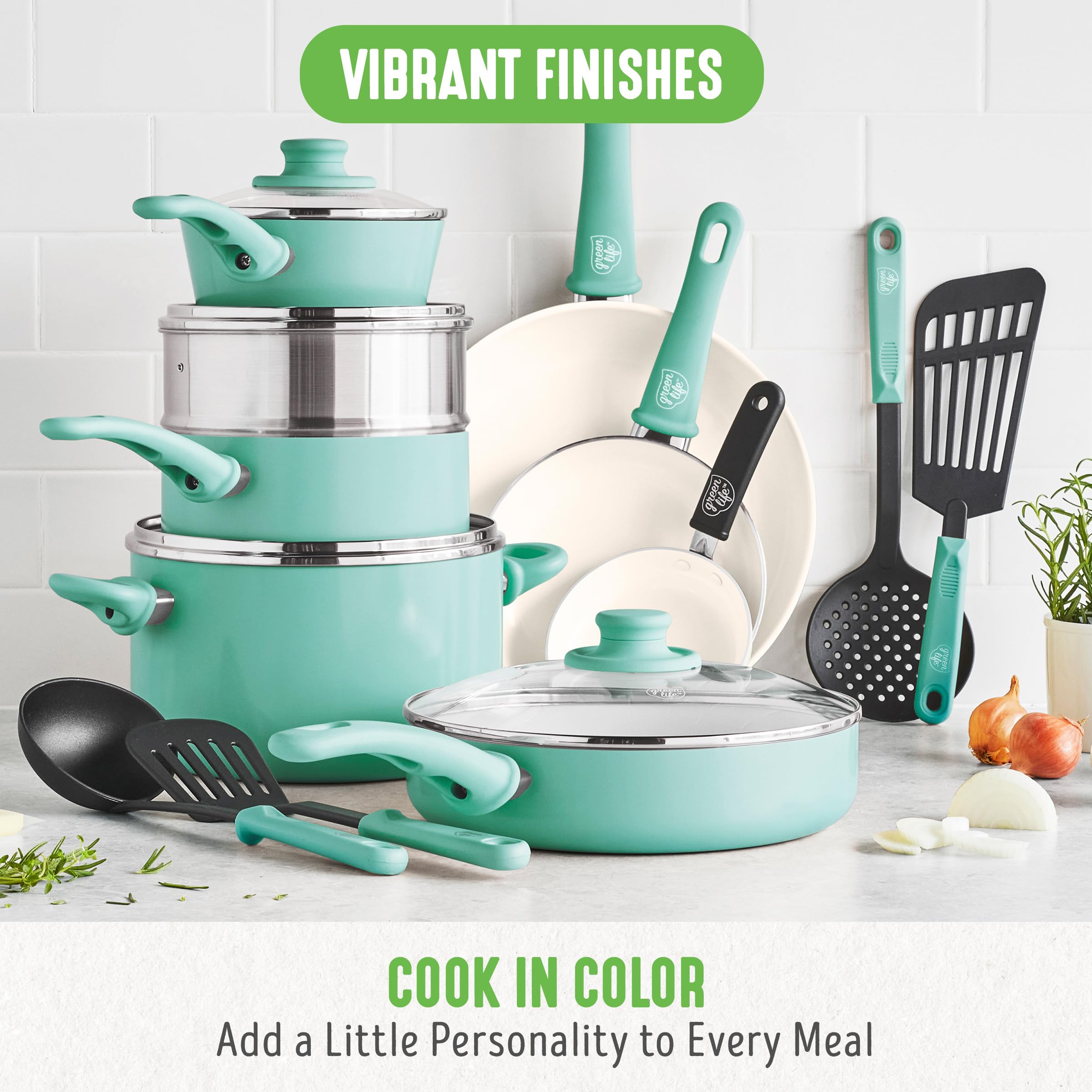 GreenLife Soft Grip 16-Piece Non-Toxic Ceramic Nonstick Cookware Set - PFAS-Free Pots, Pans, Frying & Saute Pans with Glass Lids - Stay-Cool Handles, Wobble-Free Bases - Dishwasher & Oven Safe - Turquoise - Perfect for Healthy Cooking, Family Meals & Everyday Kitchen Use