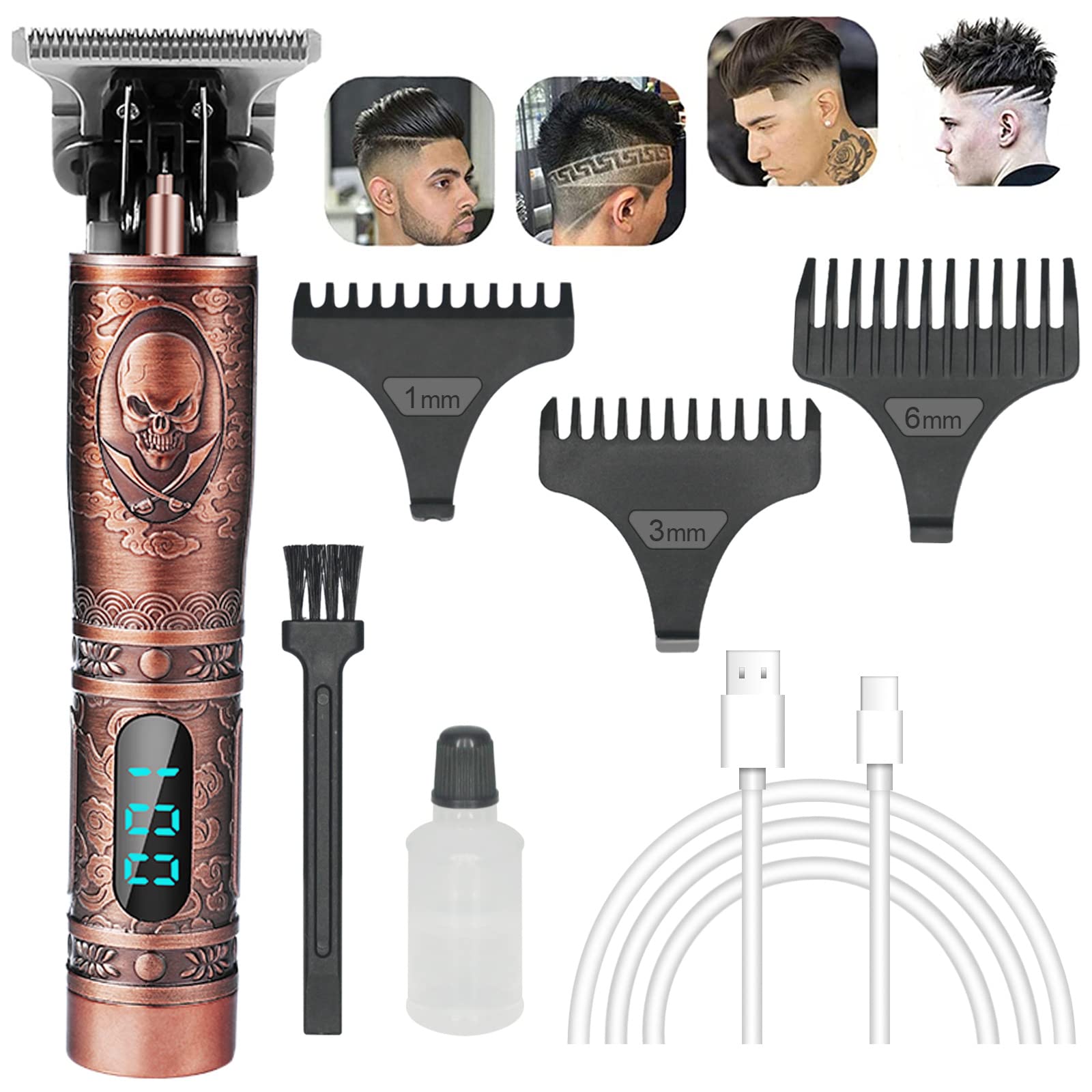 Professional Cordless Hair Clippers for Men - Rechargeable Electric Trimmer with 0mm Zero Gap T-Blade, LED Display & Low Noise - Beard, Body & Hair Grooming Kit with Guide Combs (Bronze) - Perfect for Home Barbering, Travel & Personal Grooming