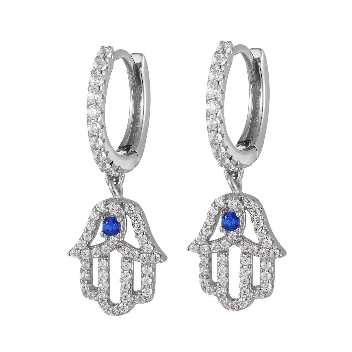 Sterling Silver Hamsa Hand Dangling Hoop Earrings with Micro Pave Crystals - Boho Chic Jewelry for Women, Perfect for Everyday Wear & Spiritual Protection