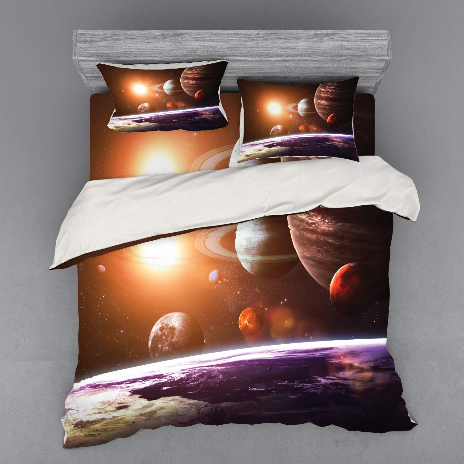 Ambesonne Galaxy Duvet Cover Set - King Size 4-Piece Space Themed Bedding with Sun & Moon Design, Fitted Sheet & Shams - Perfect for Astronomy Lovers & Science Room Decor in Vibrant Magenta Orange