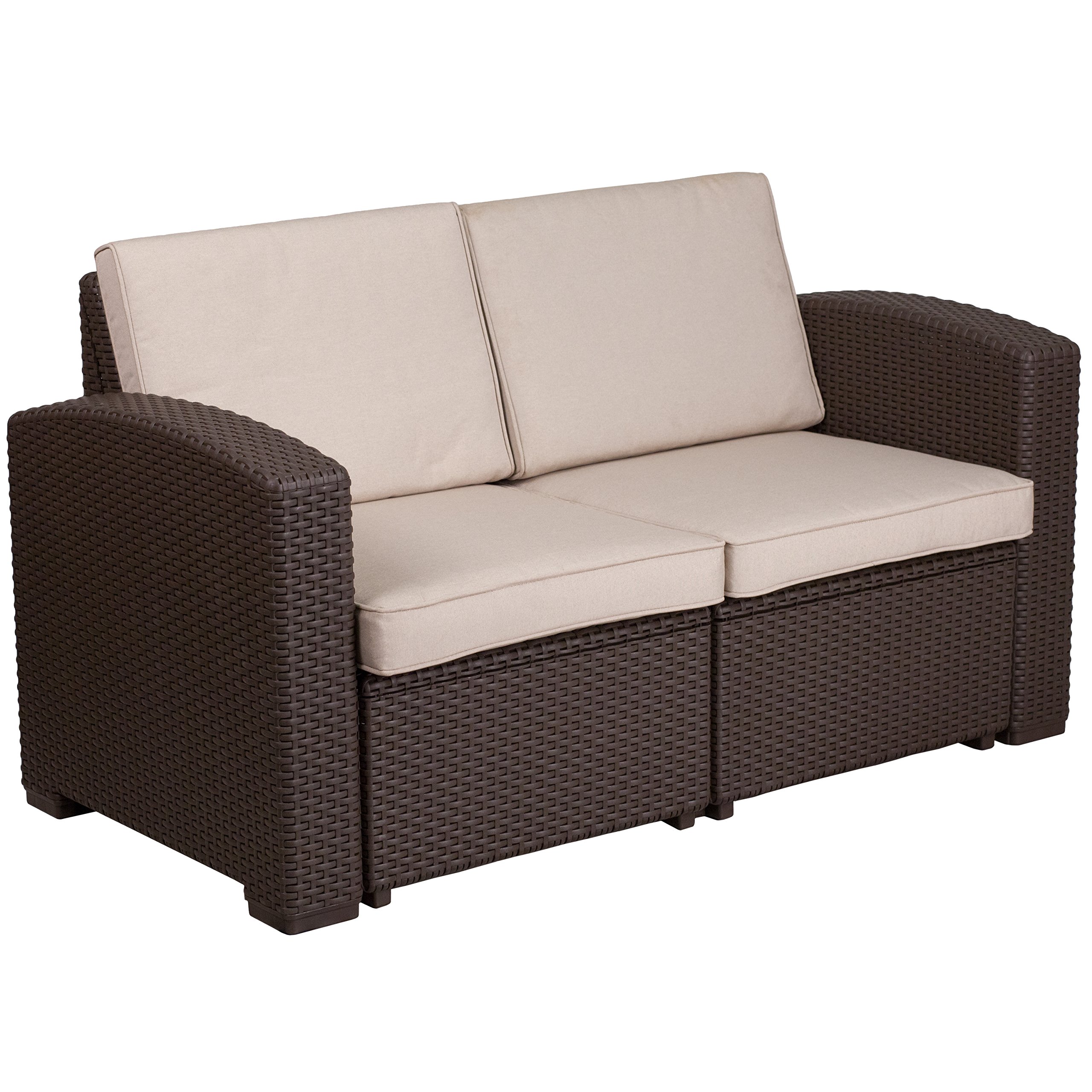 Flash Furniture Seneca Chocolate Brown Faux Rattan Loveseat with All-Weather Beige Cushions - Outdoor Patio, Garden, Poolside Seating for 2