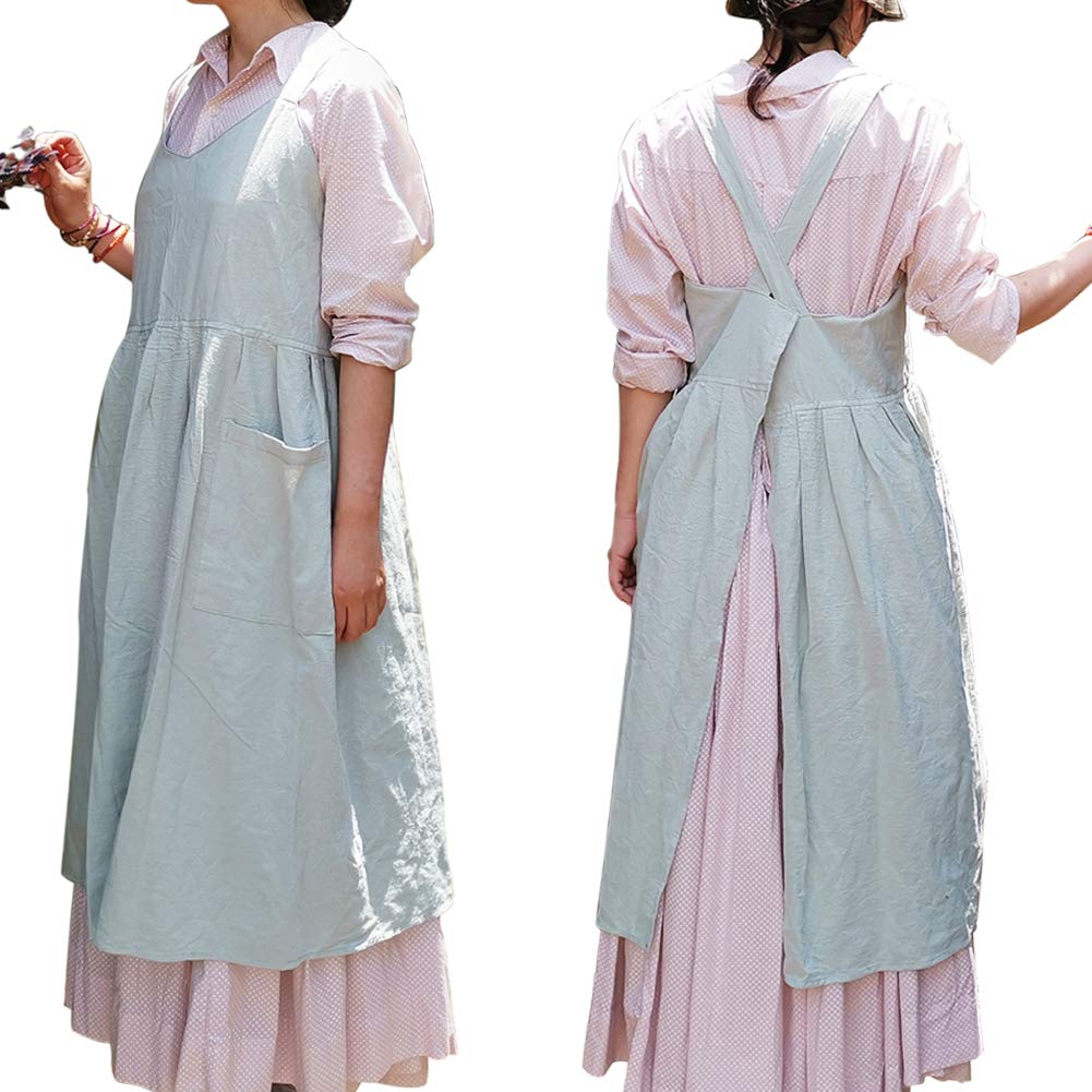NEWGEM Women's Cotton Linen Criss Cross Back Apron with Pockets - Japanese Korean Style Cute Kitchen Smock Pinafore - Perfect for Cooking, Baking, BBQ & Hosting Parties