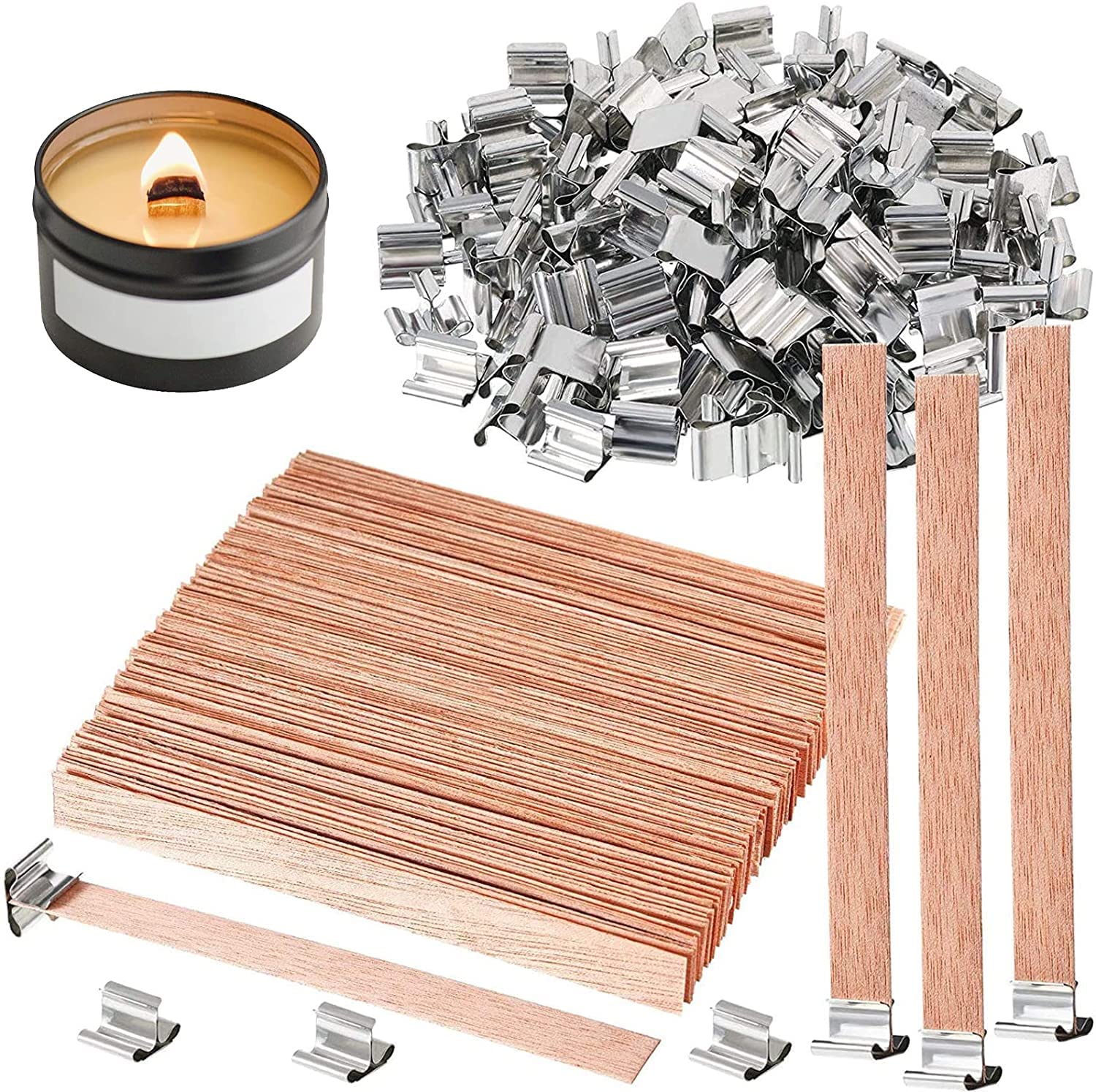 100 Pcs 6 Inch Wooden Candle Wicks with Metal Base Clips - Natural Crackling Wood Wicks for DIY Candle Making, Smokeless & Long Burning - Perfect for Home Decor, Gifts, and Relaxation (50 Sets)