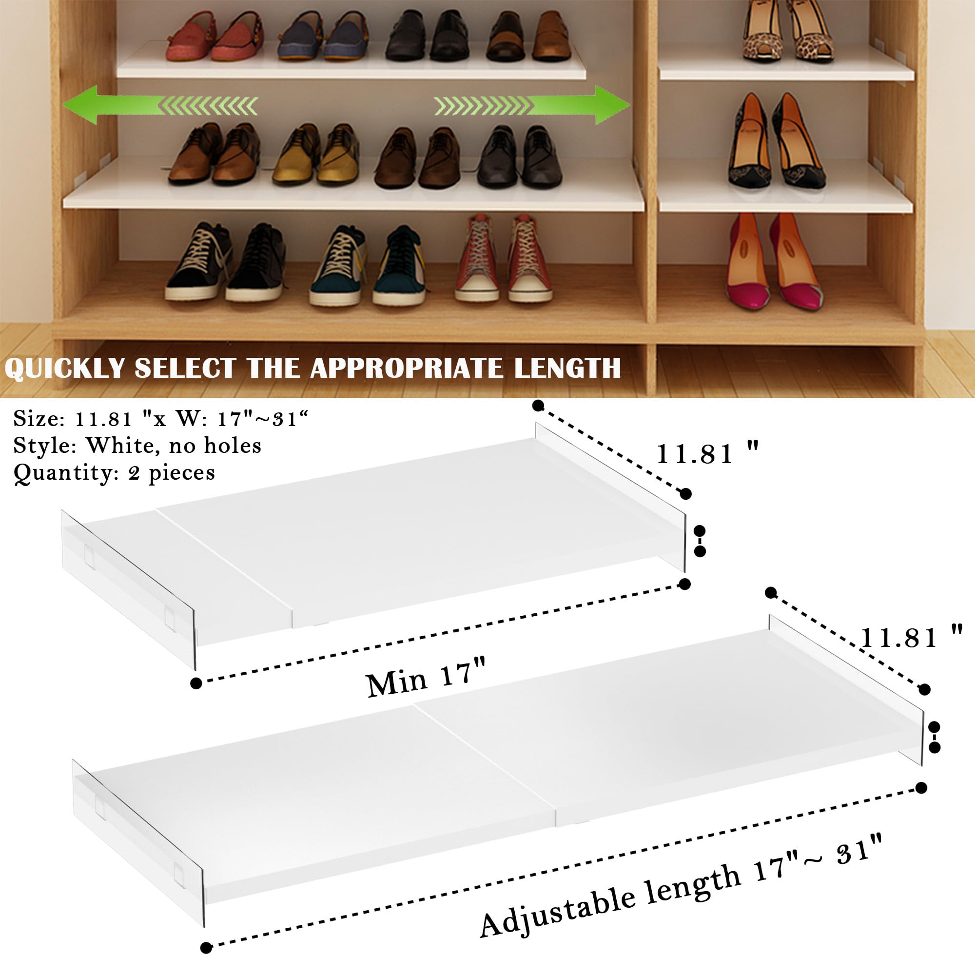 Expandable Closet Shelves - Adjustable Metal Storage Organizer for Wardrobe, Kitchen Pantry & Shoe Rack (2 Pack, 11.81