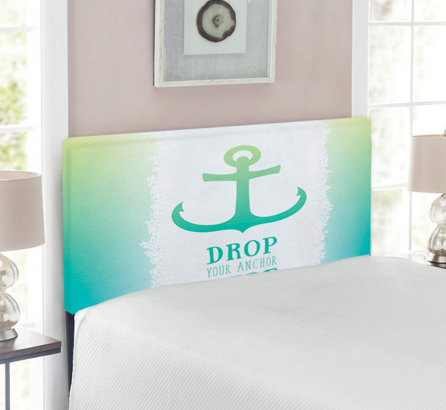 Ambesonne Nautical Twin Size Headboard - Anchor & Stripes Design with Memory Foam, Green & White Upholstered Metal Bed Frame | Perfect for Coastal Themed Bedrooms & Guest Rooms