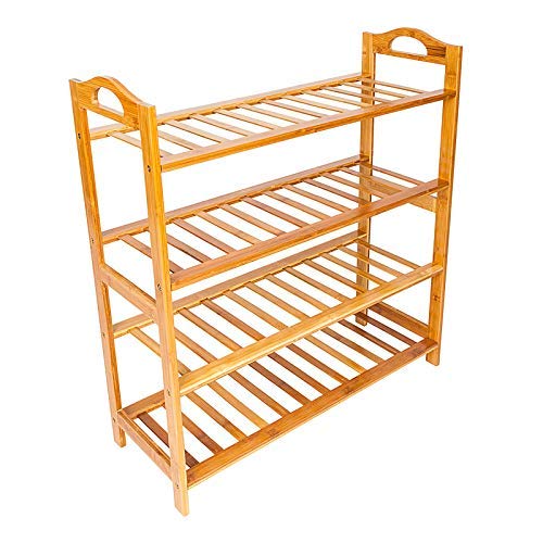 4 Tier Bamboo Shoe Rack with Handles - Free Standing Entryway Shoe Organizer for Hallway, Bathroom & Living Room - Space Saving Wooden Shoe Storage Shelf for Home & Apartment Organization