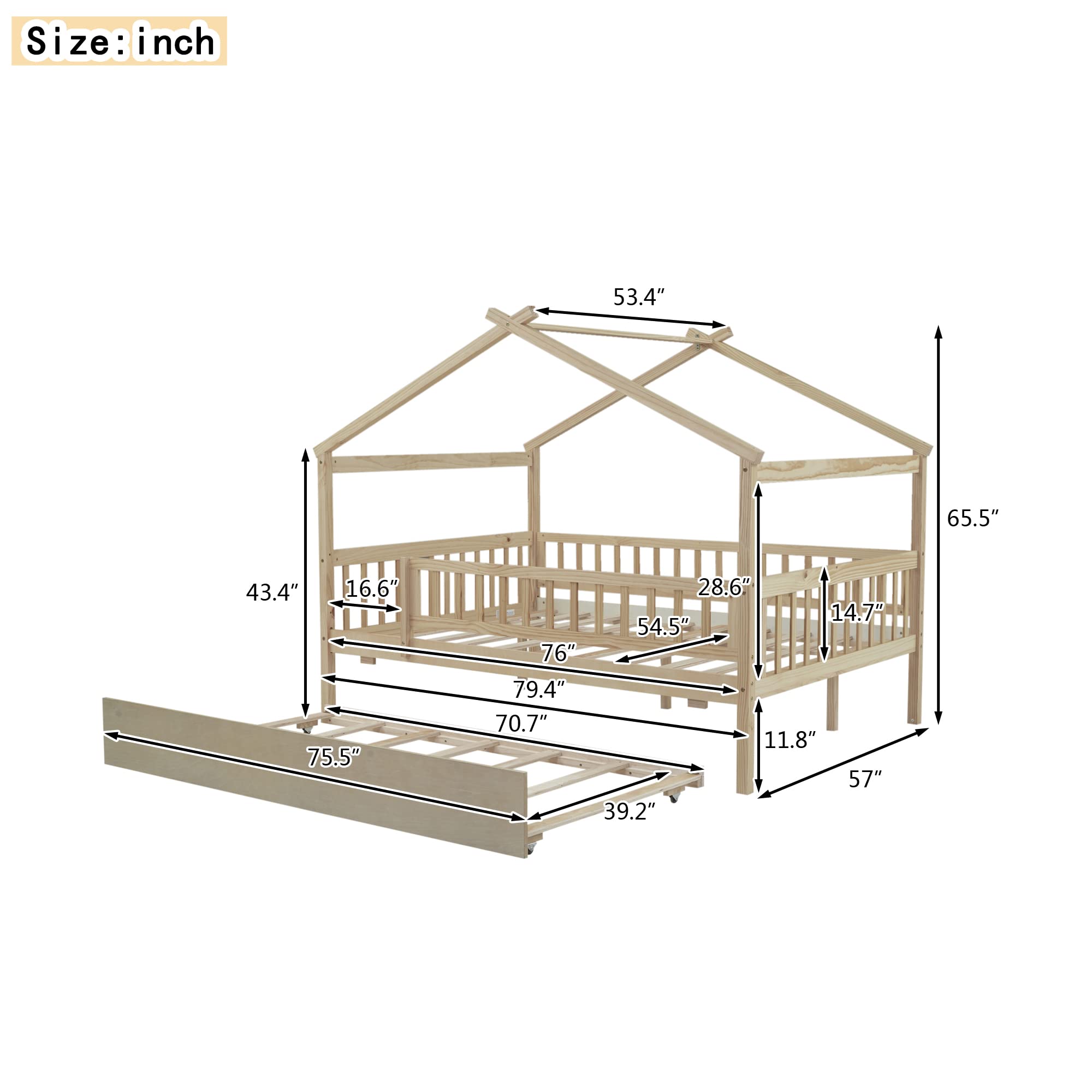 Harper & Bright Designs Twin Size Wooden House Bed with Trundle - Kids Bed Frame with Roof & Fence Design for Boys & Girls - Perfect for Bedrooms, Playrooms & Sleepovers (White)