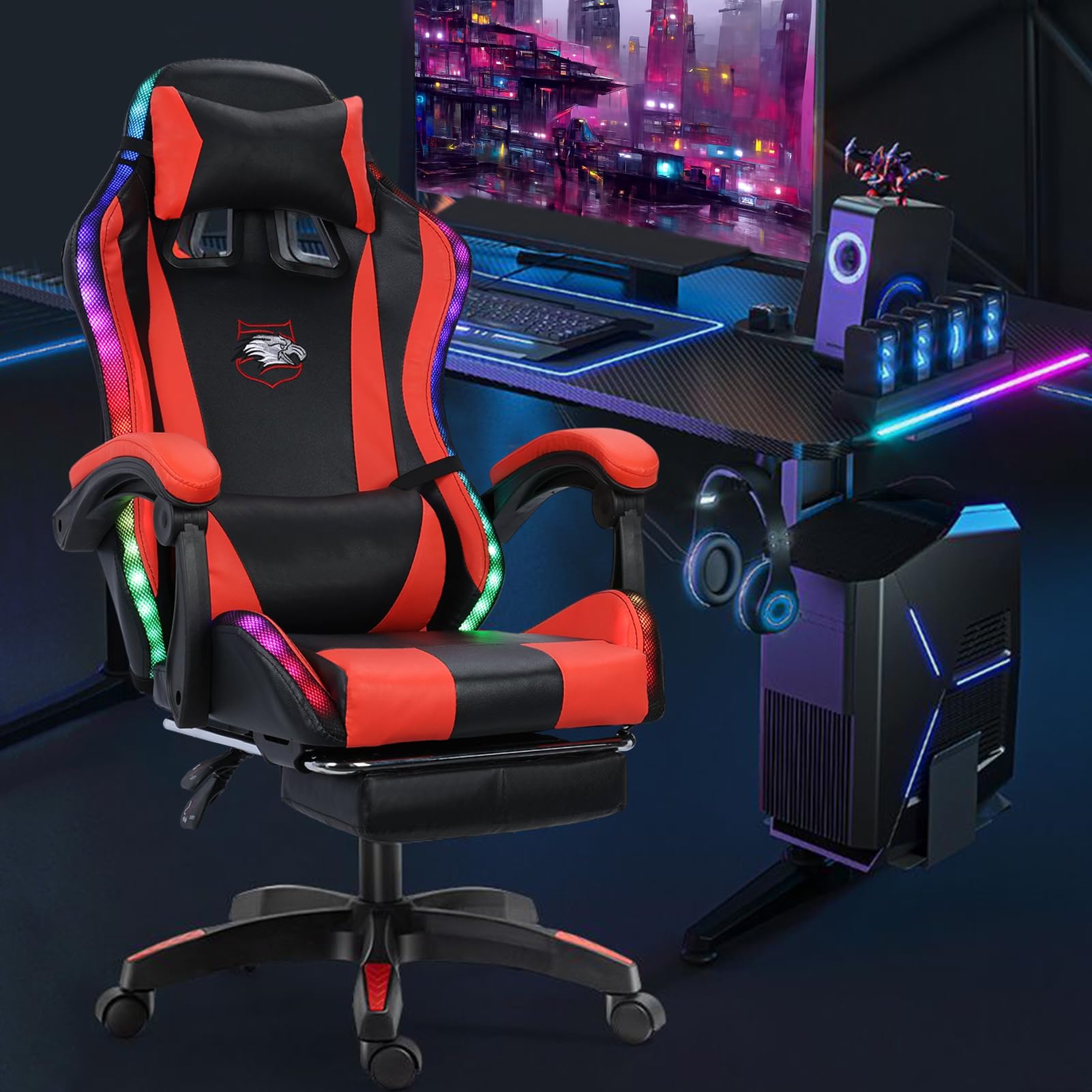 Ergonomic Gaming Chair with Built-in Speakers & RGB LED Lights, Adjustable Height & Lumbar Support - Black & Red - Perfect for PC Gaming, Streaming & Home Office Setup