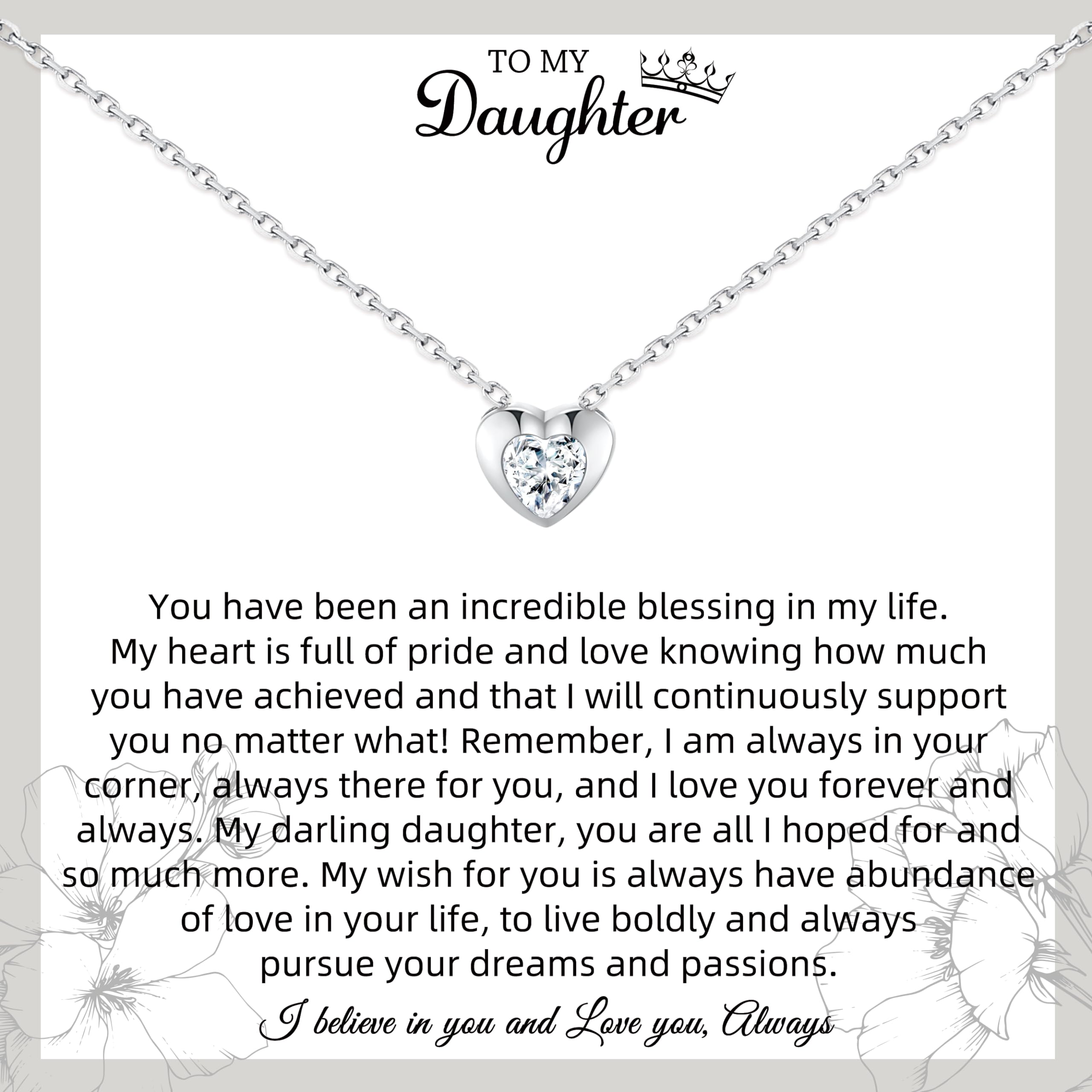 Sterling Silver Crystal Heart Necklace for Women - Thoughtful Daughter Gift from Dad & Mom, Birthday & Graduation Jewelry - Perfect for Special Occasions & Everyday Wear